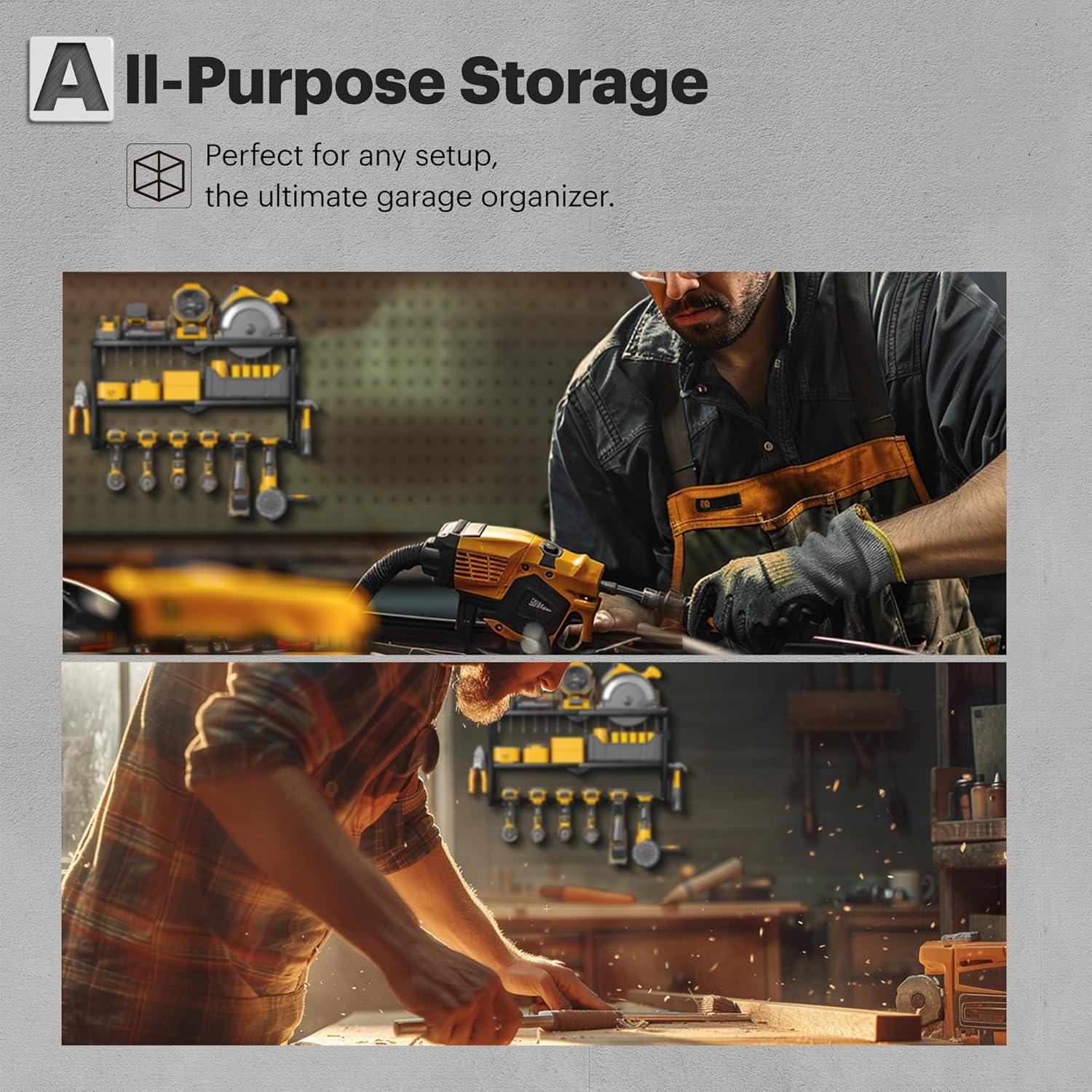 Spampur Power Tool Organizer Wall Mount with Charging Station, Garage Tool Shelf 6 Drill Holders, Tool Battery Holder with Plier holder Heavy Duty Rack, Tool Storage Rack with 4 Outlet Power Strip