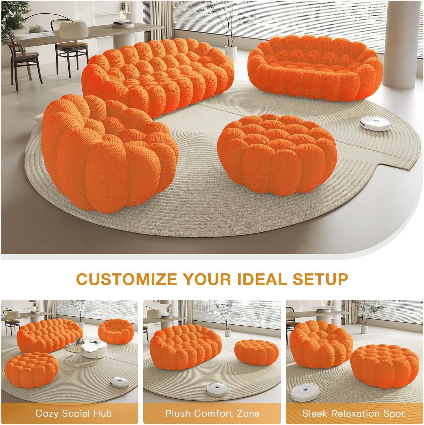 Bubble Couch, 98.43'' Modern 3-Seater Lazy Floor Couch, Memory Foam Bubble Round Sofa 3D Honeycomb Shape Curved Sofas for Living Room, Office, Apartment (Orange)