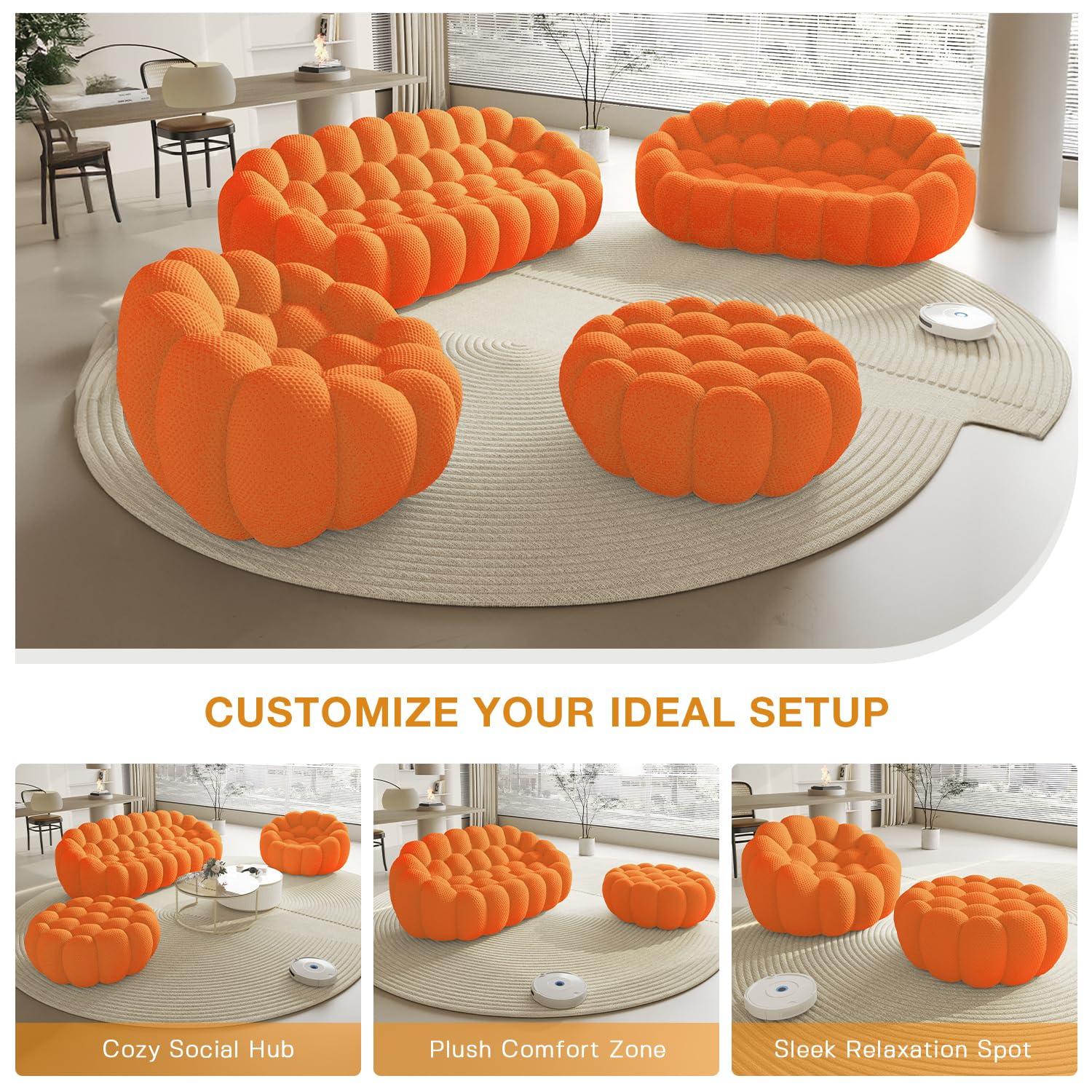 Bubble Couch, 98.43'' Modern 3-Seater Lazy Floor Couch, Memory Foam Bubble Round Sofa 3D Honeycomb Shape Curved Sofas for Living Room, Office, Apartment (Orange)