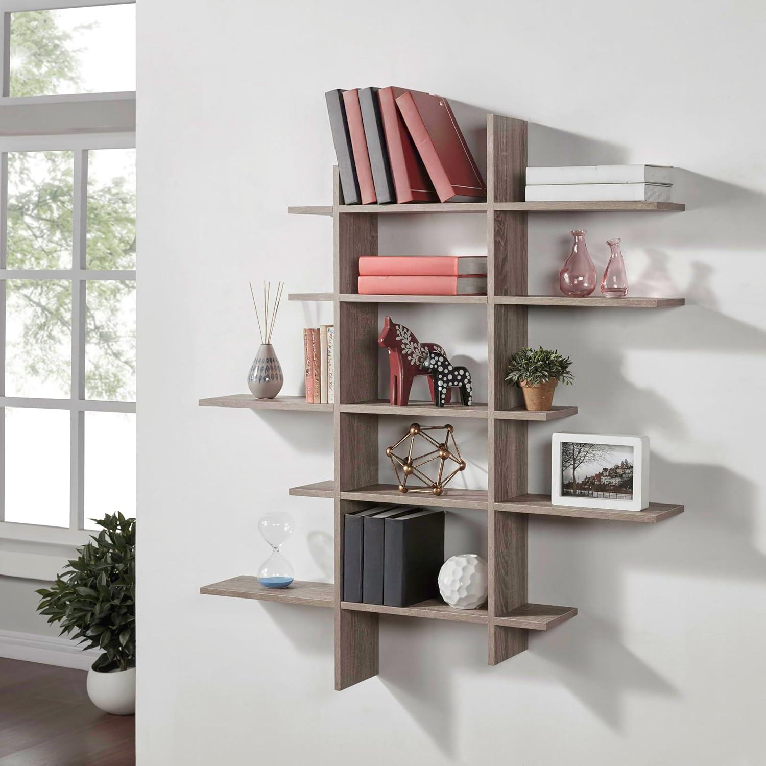 Danya B. 51" x 45" Five Level Asymmetric Shelf Brown: Modular Laminated MDF, Wall Organizer with Mounting Hardware