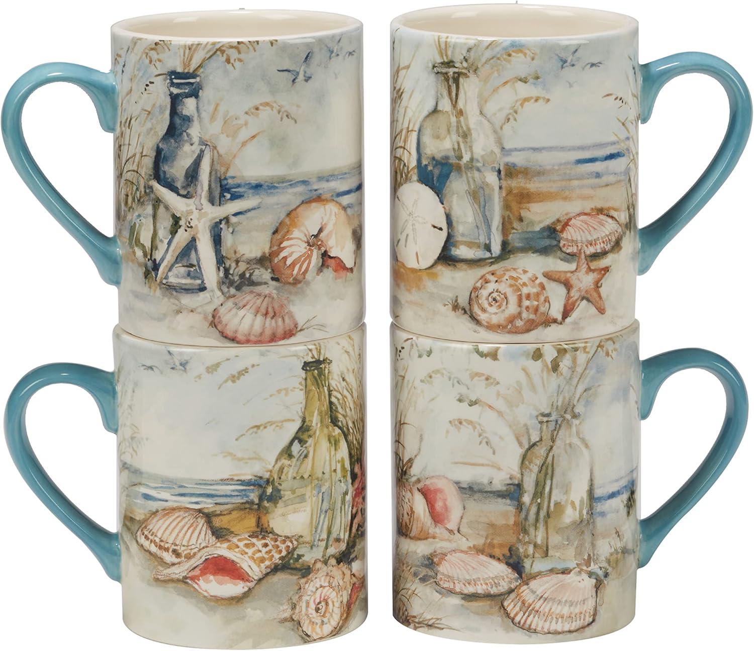 Set of 4 Blue Coastal Ceramic 16oz Mugs