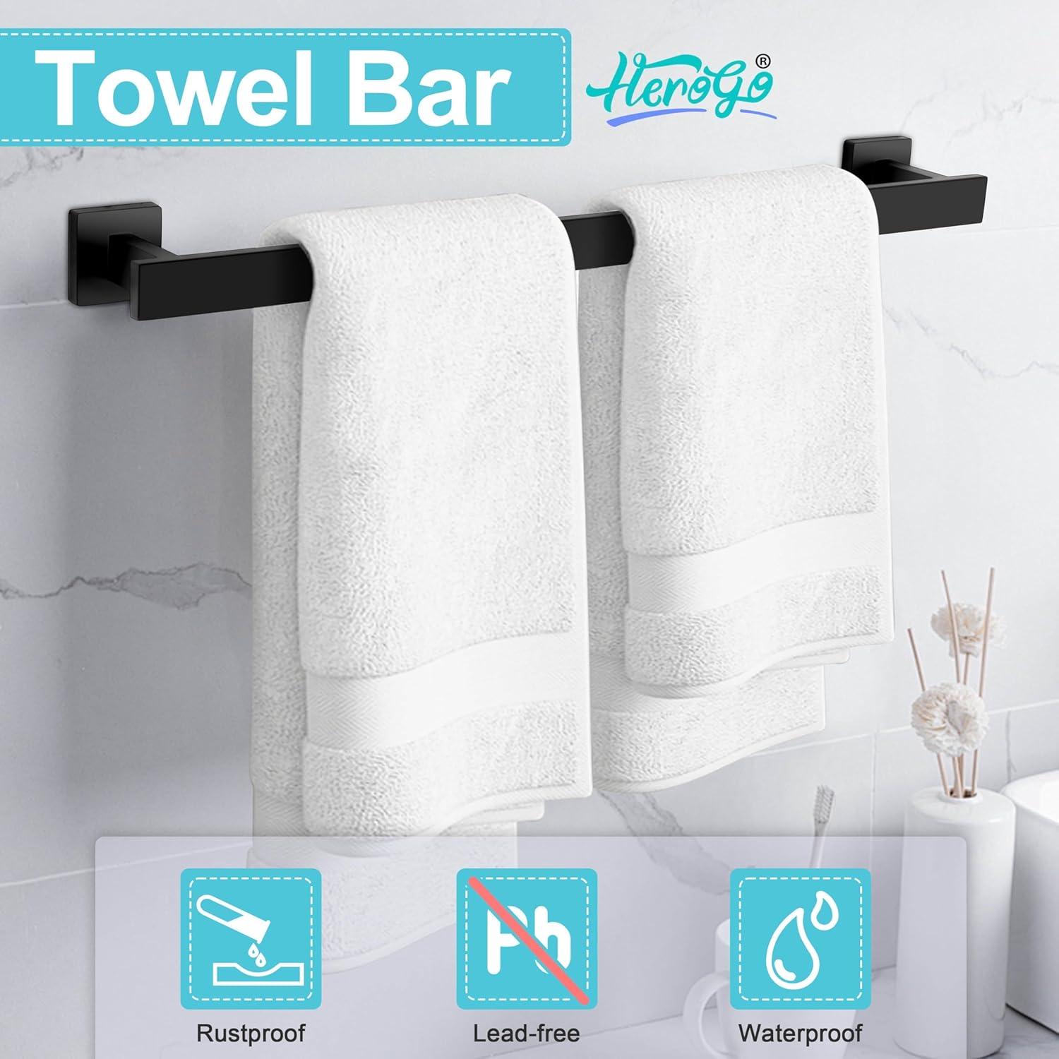 5 Pieces Square Matte Black Stainless Steel Bathroom Accessories Set Include 23.6 in Towel Bar, Toilet Paper Holder, Towel Ring, 2 Robe Towel Hooks