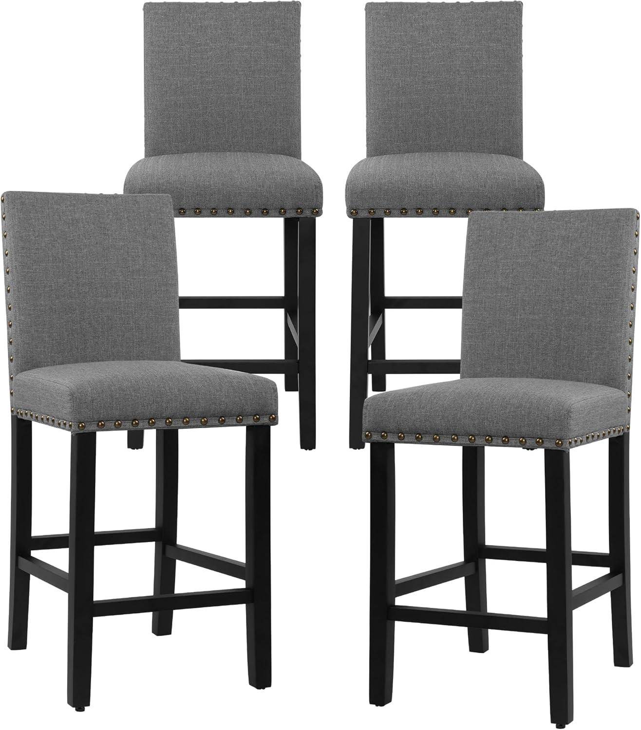 Set of 4 Gray Upholstered Counter Stools with Wood Legs