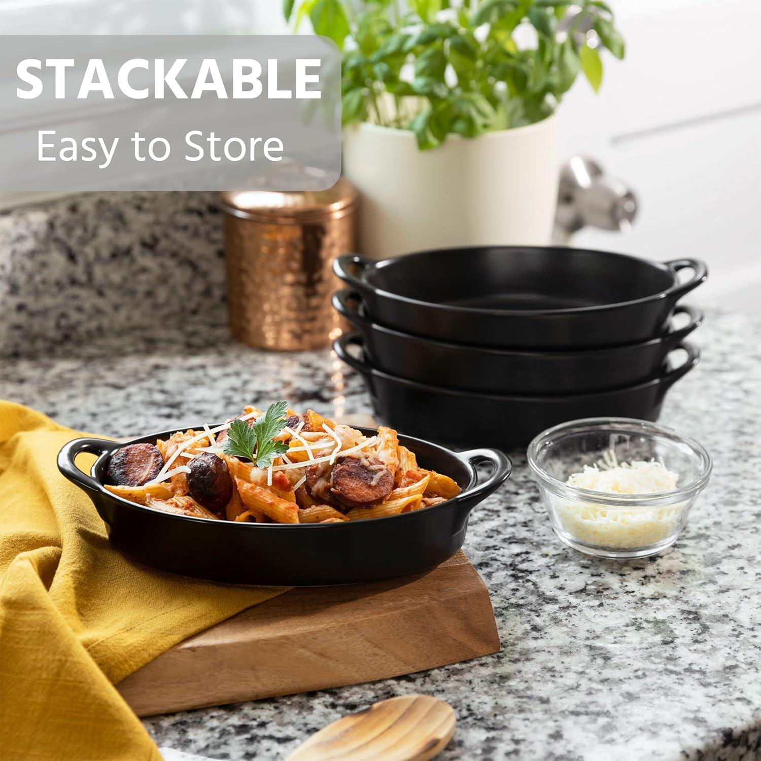 Oval Au Gratin Baking Dishes for Oven Safe and Microwave Cooking and Baking, 4 Pc. Dish Set, Heat Resistant Ceramic with Handles for Serving, Small Mini Casserole Dish, 8” x 5”, 16 oz, Matte Black