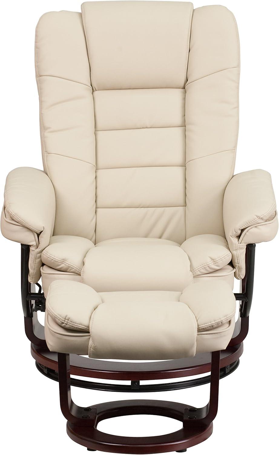 Flash Furniture Bali Contemporary Multi-Position Recliner with Horizontal Stitching and Ottoman with Swivel Mahogany Wood Base in Beige LeatherSoft