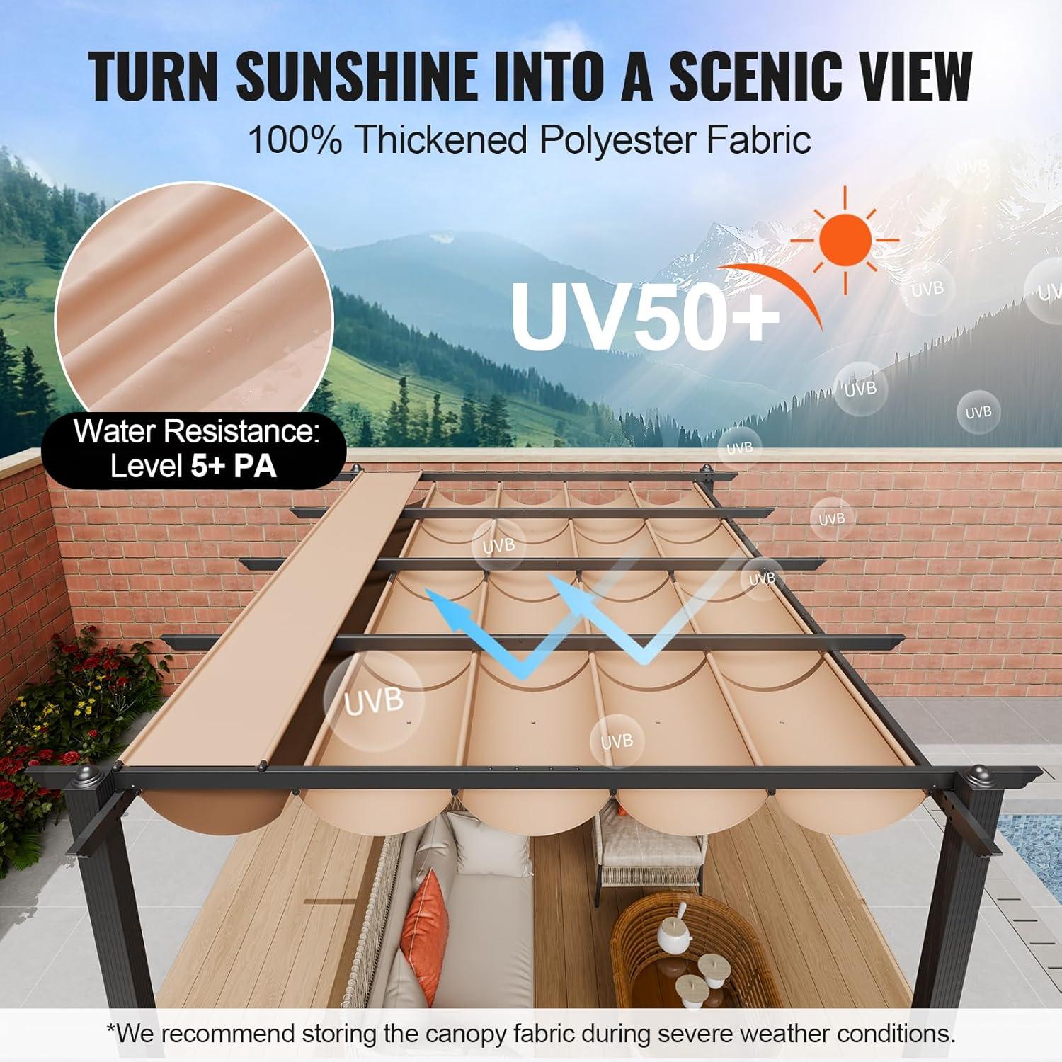 VEVOR 10'x13' Outdoor Retractable Pergola with Canopy, Aluminum Pergola with Retractable Canopy, Modern Style,Sun Shadefor Patios, Gardens, Decks, Backyards (Beige)