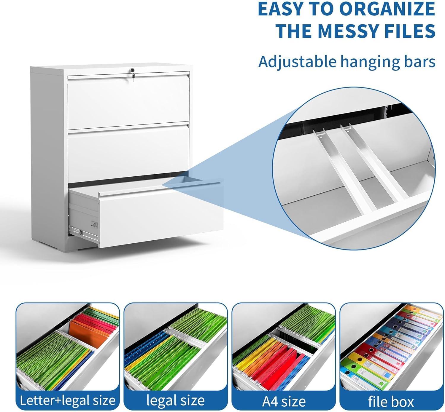 3 Drawer Metal Lateral Filing Cabinet with Lock for Home Office A4/Letter/Legal Size