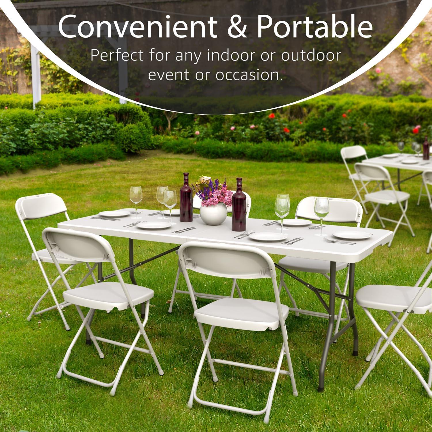 CL.HPAHKL Folding Table with Carrying Handle, Portable Plastic 6 Ft Camping Table, Sturdy Steel Frame for Indoor Outdoor, White