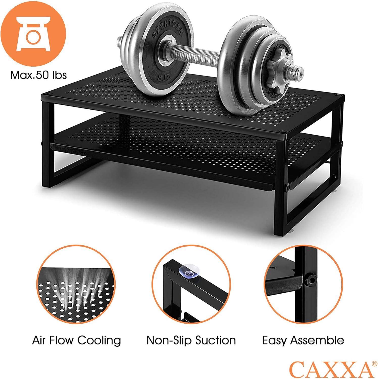 Black Metal 2-Tier Monitor Stand with Perforated Shelves