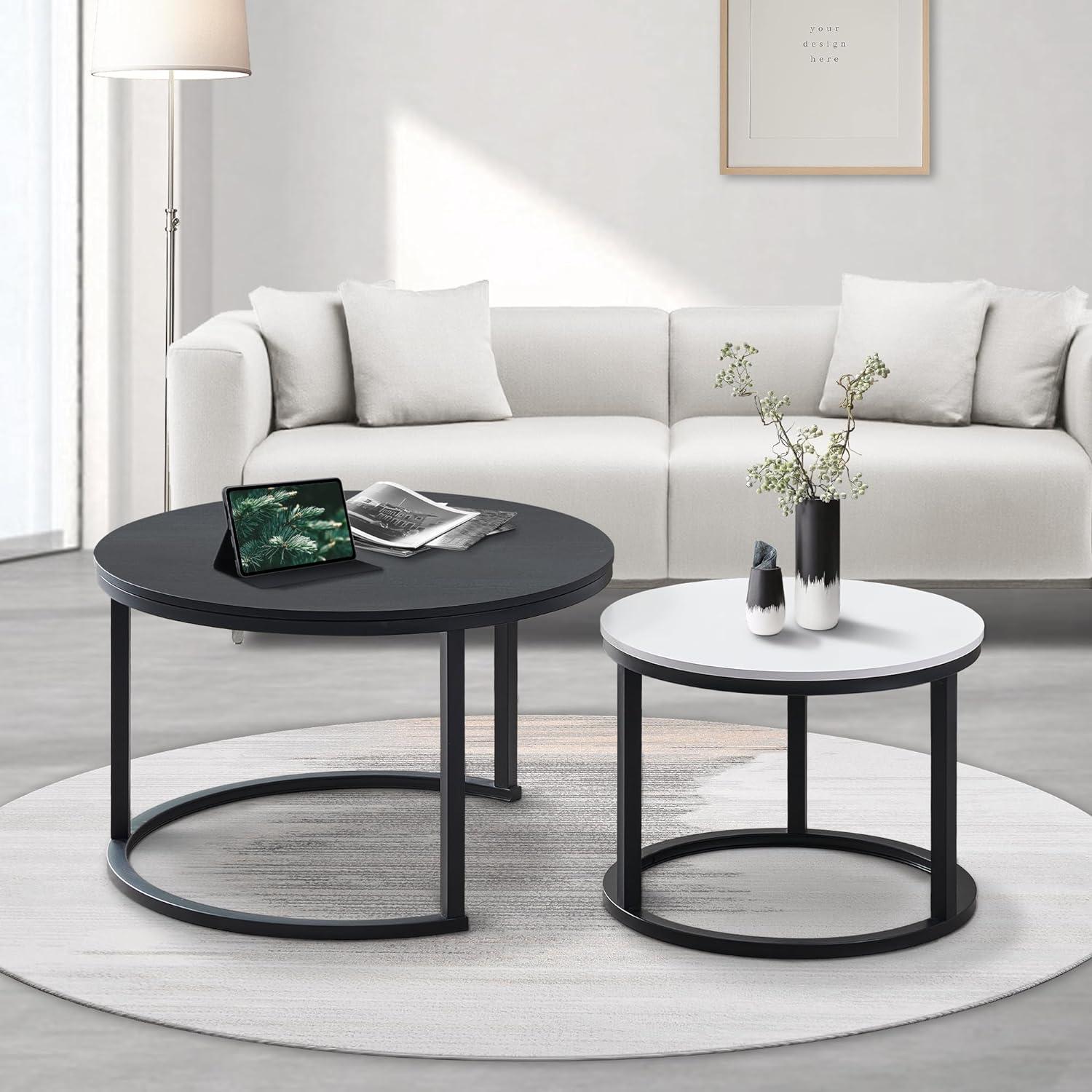 DEXTRUS Round Nesting Coffee Table Set of 2, Snack End Table with Metal Frame for Living Room, White & Black