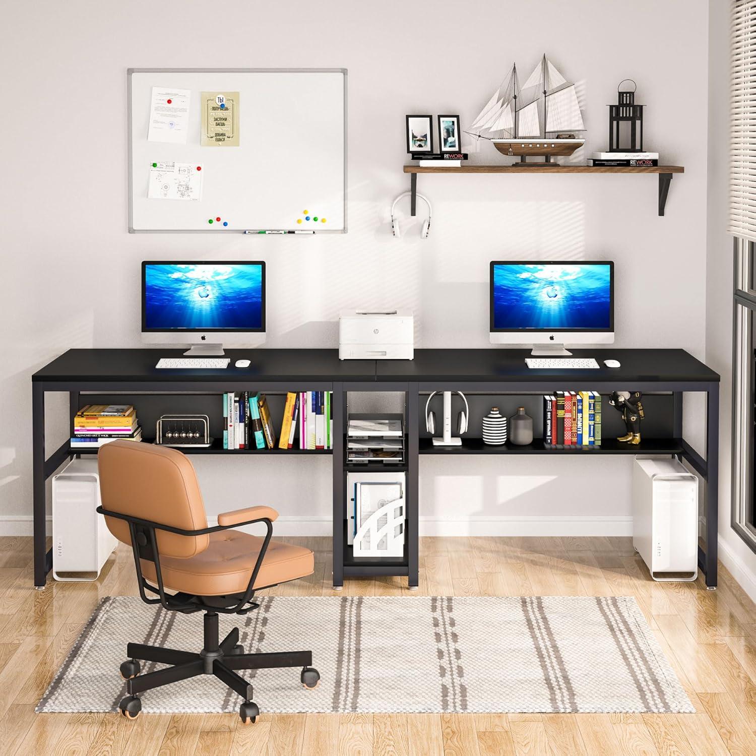 Tribesigns 78.7 Two Person Desk, Computer Double Office Desk with Bookshelf for Two Person, Industrial Writing Desk Workstation with Shelf for Home Office (Black)