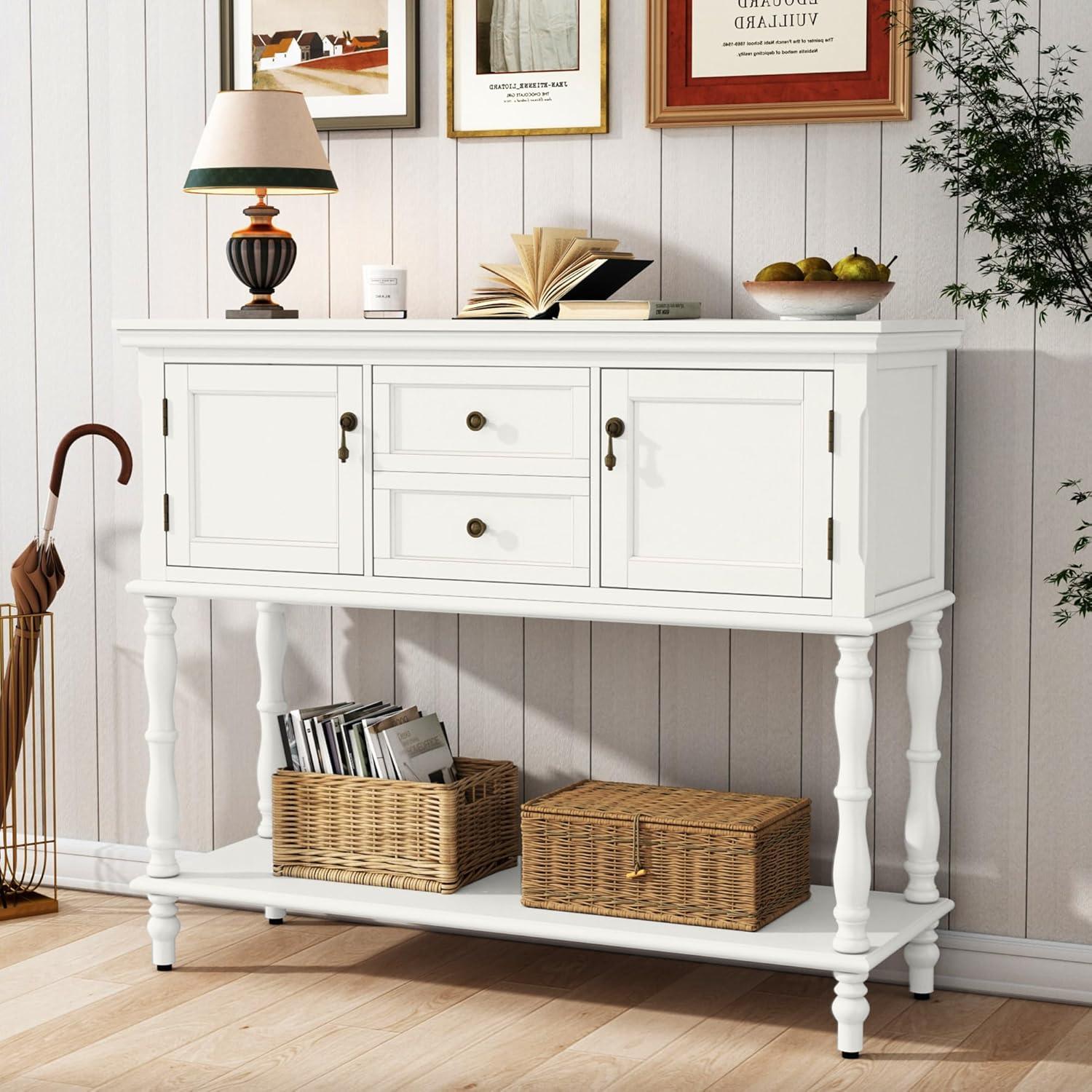 Antique White Wood Console Table with Glass Doors and Storage