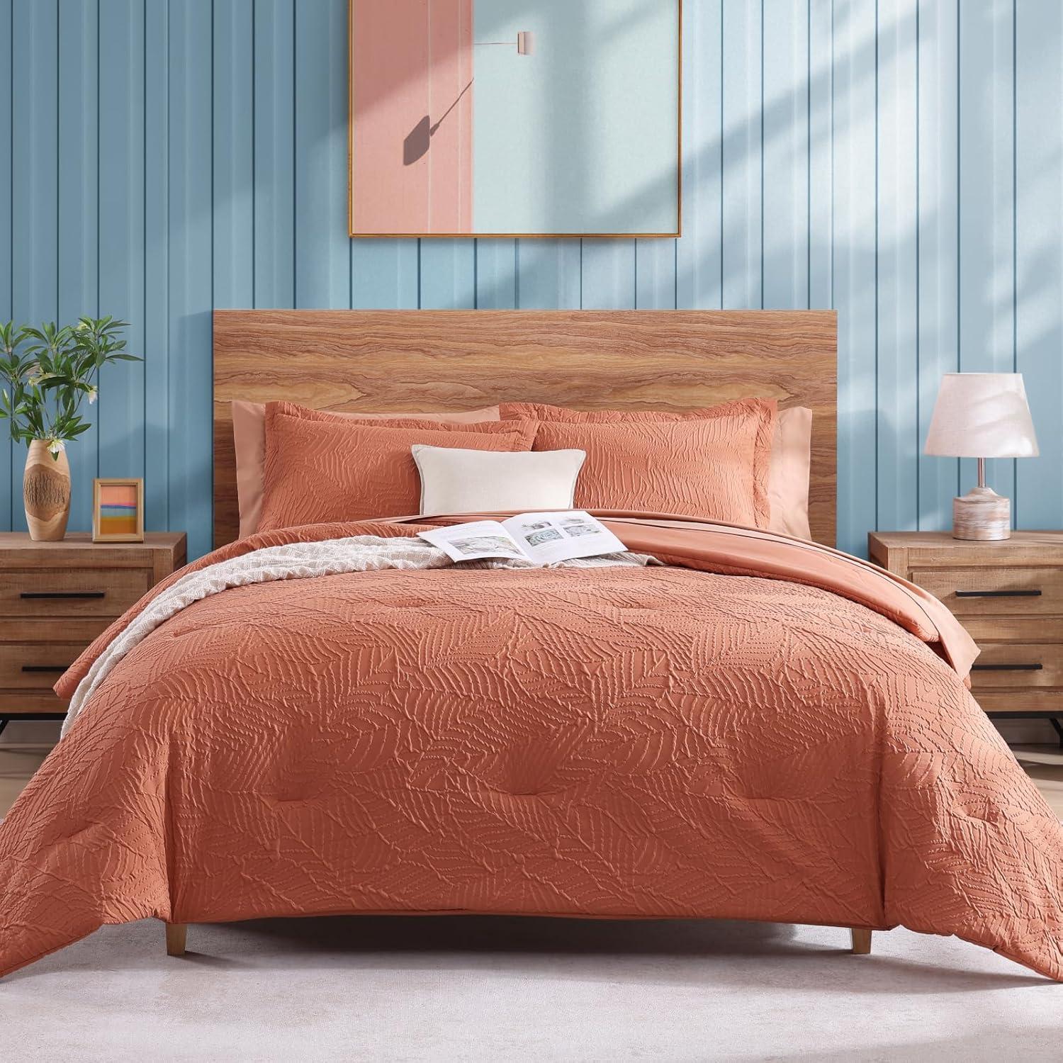 Geniospin Twin Comforter Set - 5 Pieces Burnt Orange Bedding Set, Botanical Textured Fall Comforter Set, All Season Lightweight Bed in a Bag with Comforter, Sheets, Pillowcases & Shams