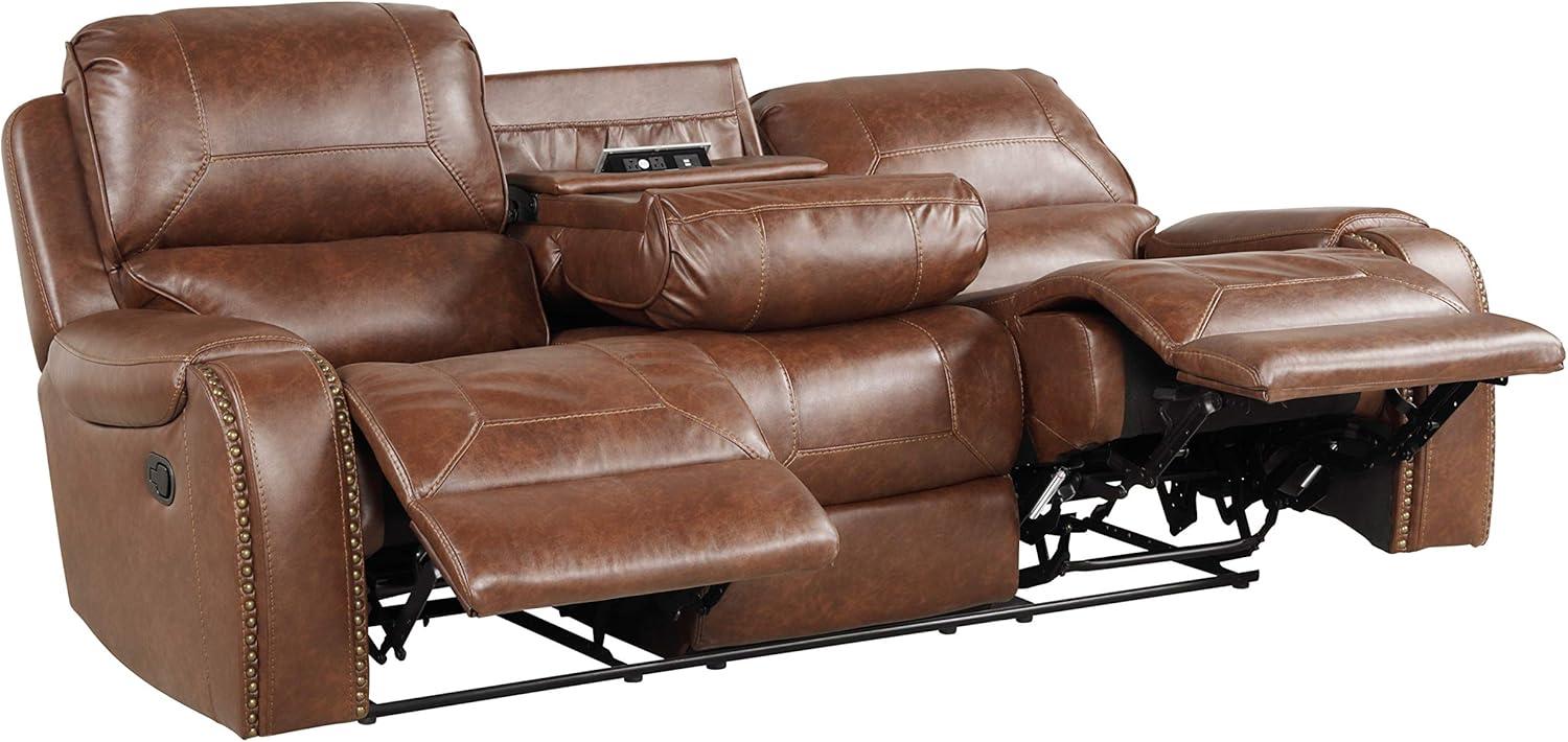 Roundhill Furniture Achern Brown Leather Nailhead Manual Reclining Sofa with Storage Console and USB Port