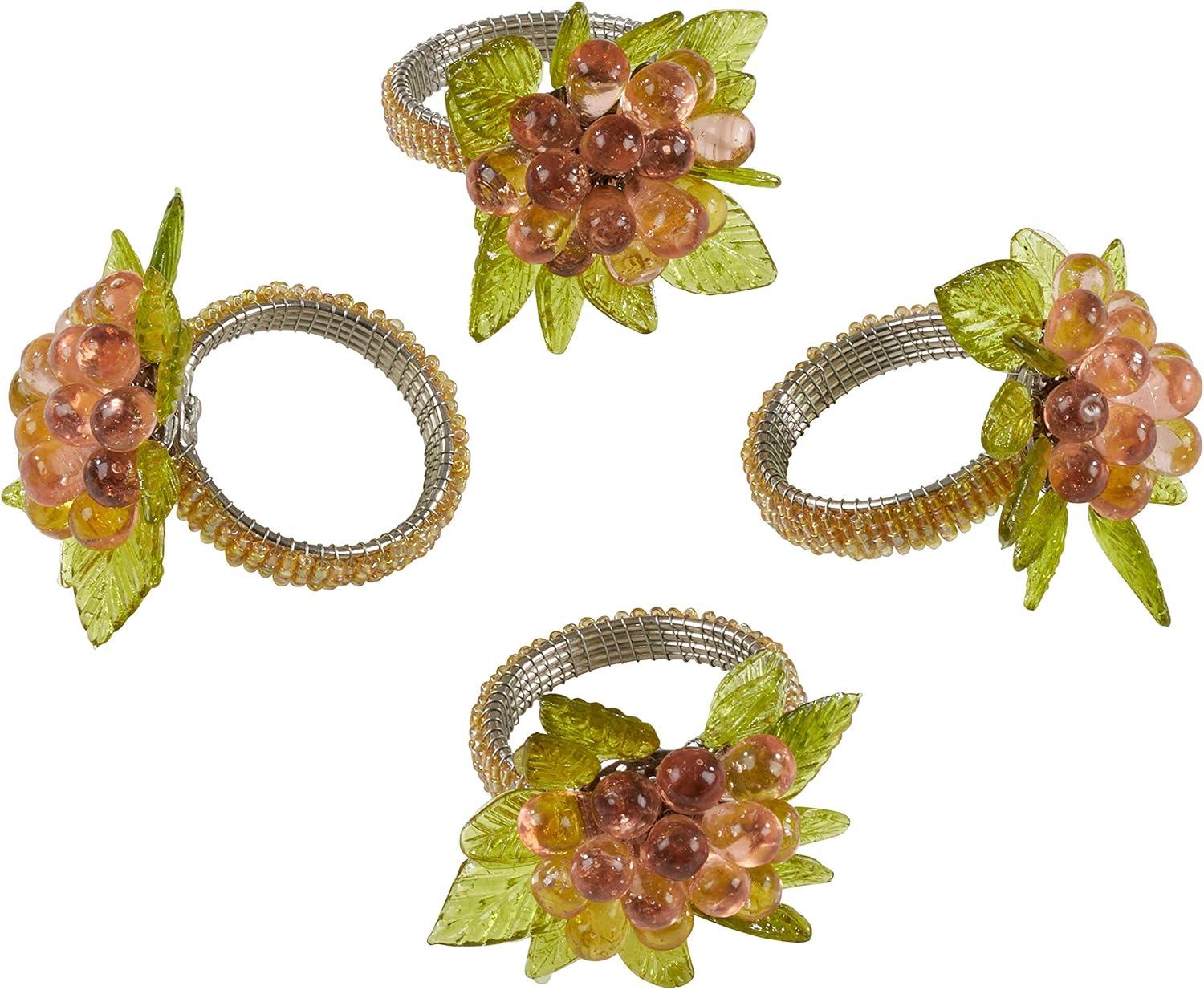 Saro Lifestyle Napkin Ring Holders With Beaded Flower And Leaves (Set of 4)