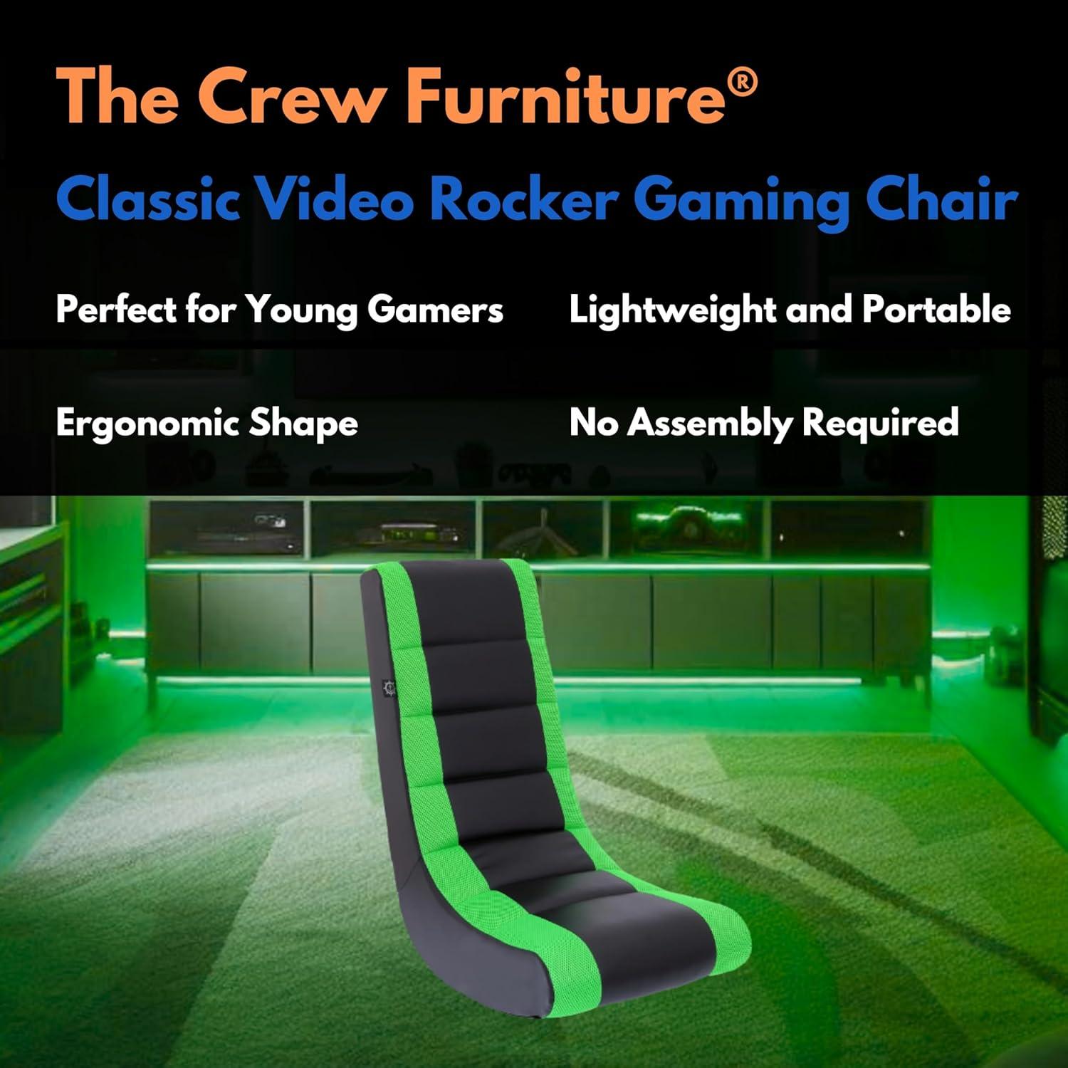 The Crew Furniture Classic Video Rocker Floor Gaming Chair, Kids and Teens, PU Faux Leather & Polyester Mesh, Black/Green