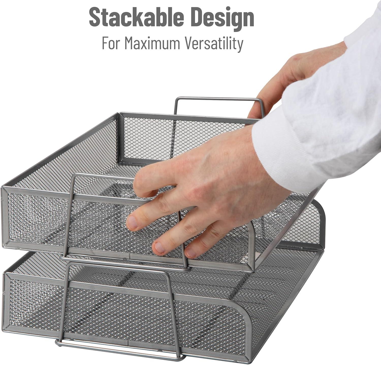 Silver Stackable Metal Mesh Letter Tray Organizer, 2-Piece Set