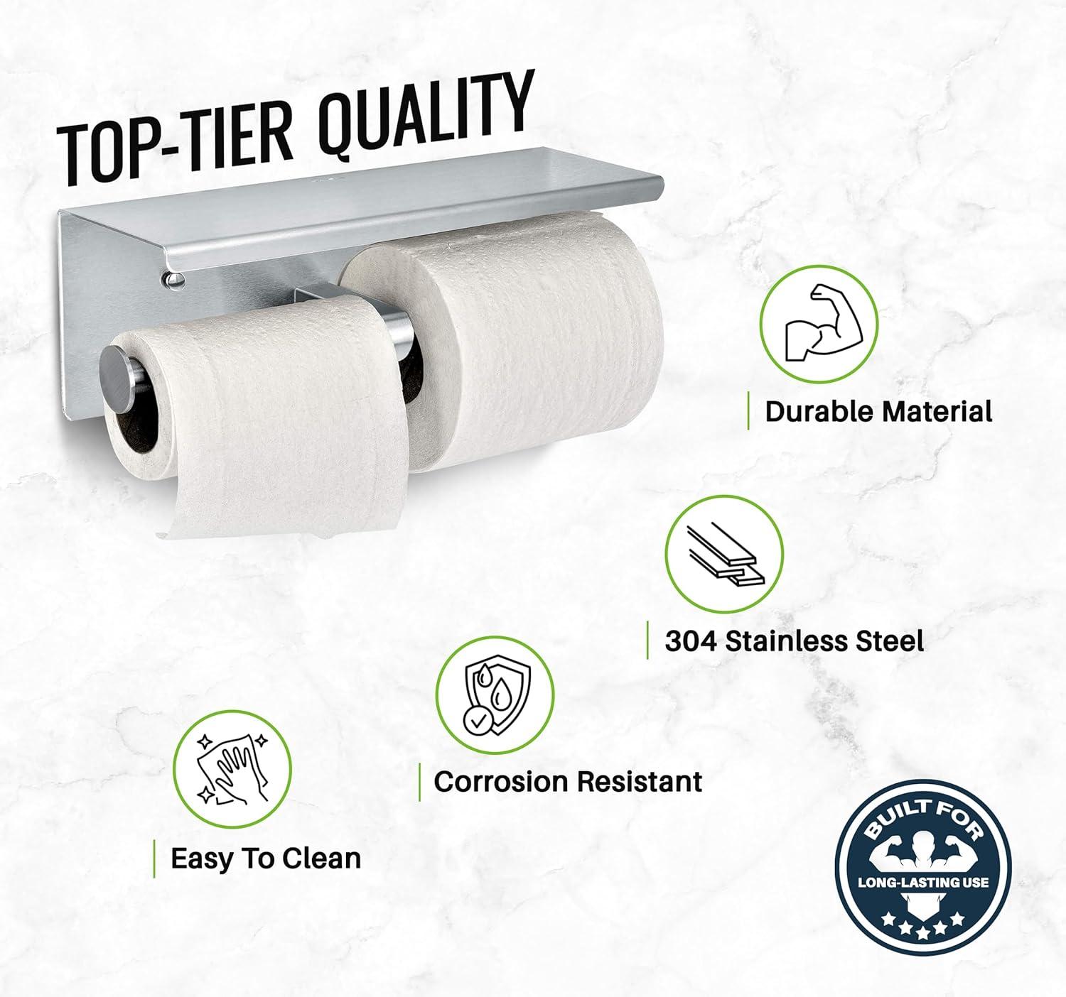 Brushed Stainless Steel Dual Roll Toilet Paper Holder with Shelf