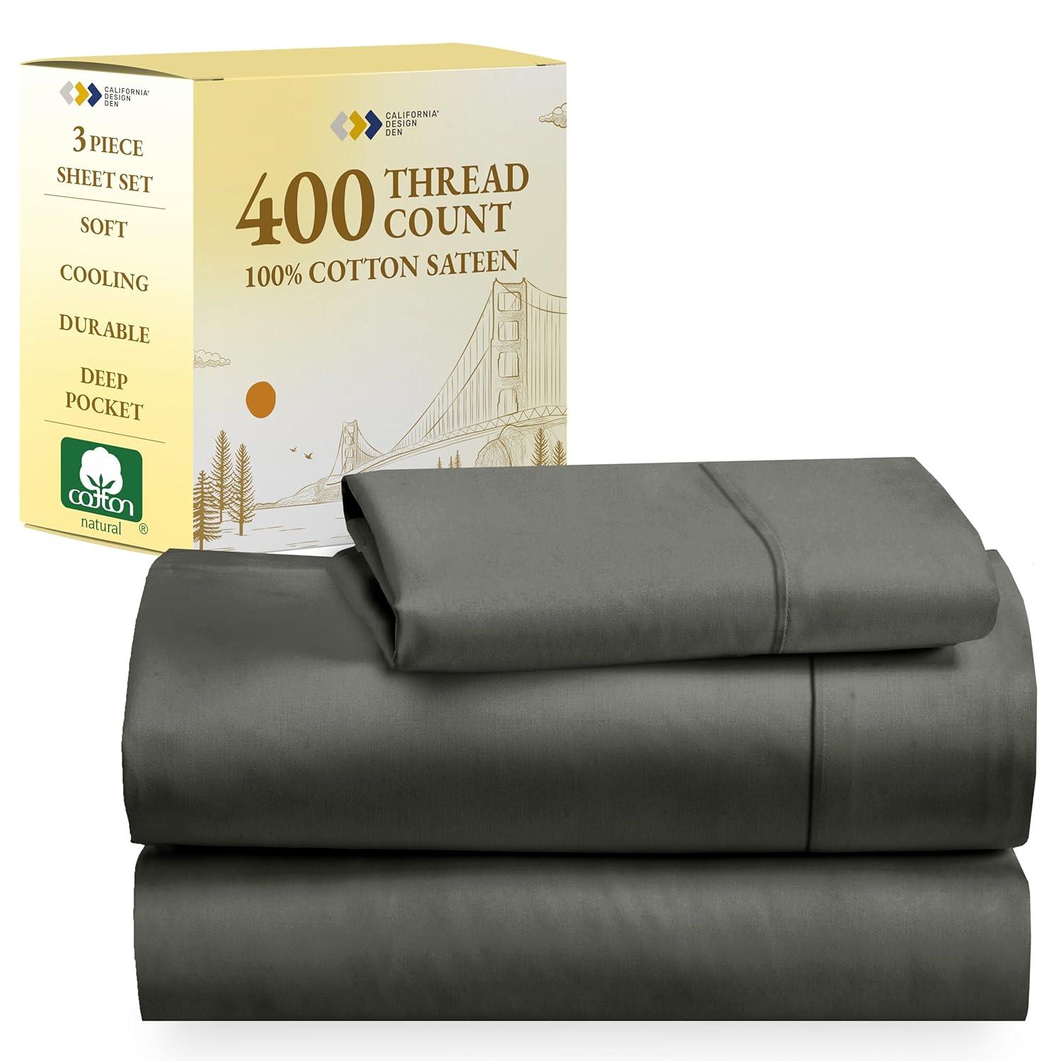 Dark Gray Twin XL Sheet Set - 100% Cotton Cooling Bed Sheets, 400 Thread Count Sateen Weave, Deep Pocket 3 Piece Bedding - California Design Den