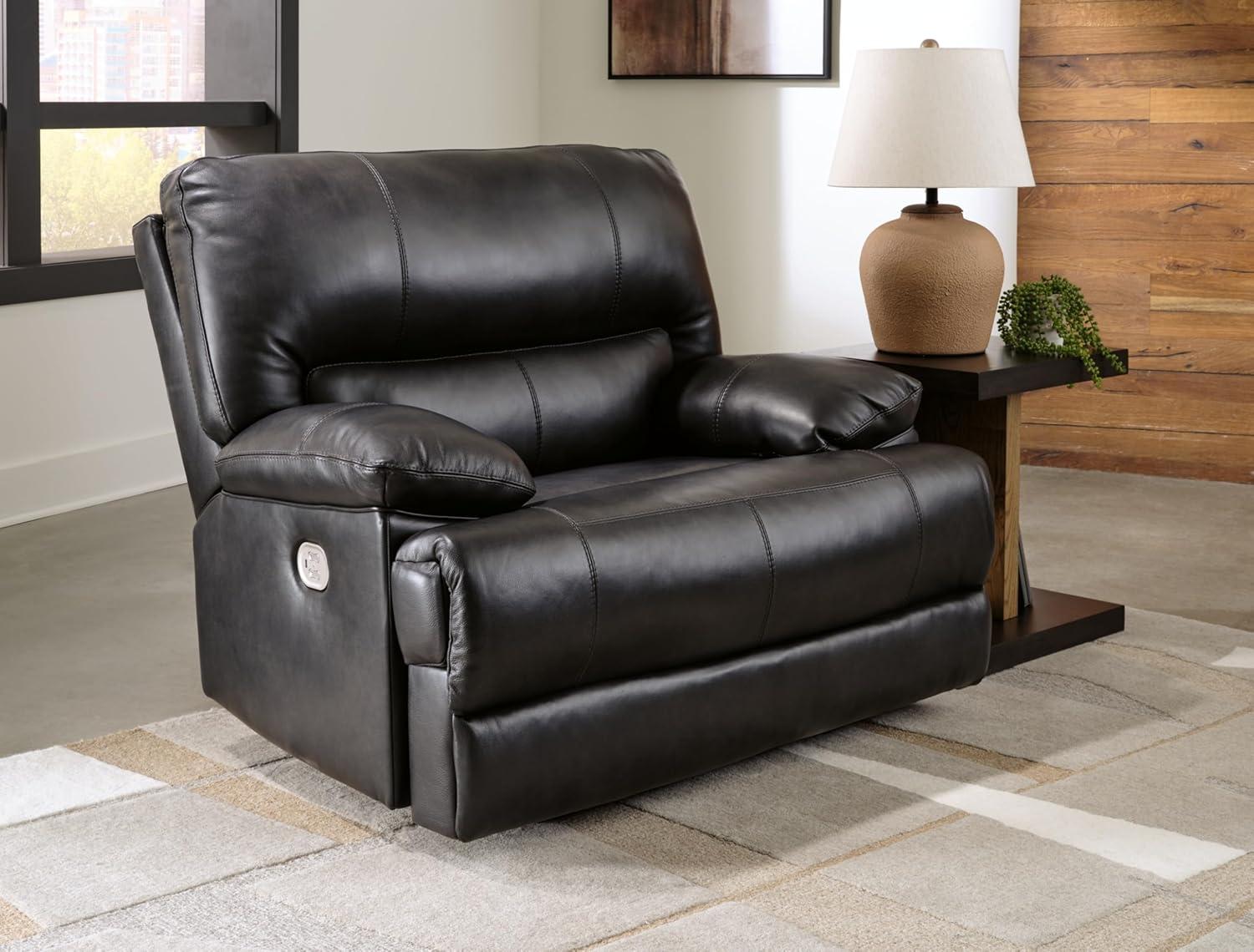 Black Leather and Metal Power Recliner with Adjustable Headrest