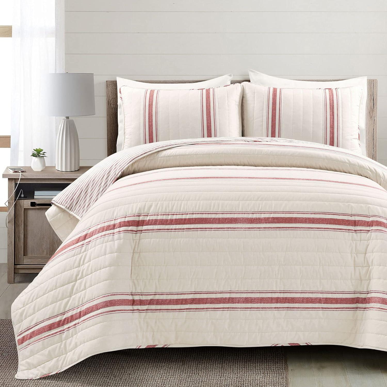 Lush Decor Farmhouse Stripe Cotton Reversible Quilt, King, Red, 3-Pc Set