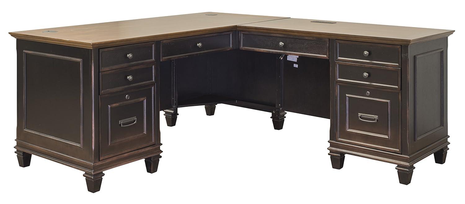 Martin Furniture Hartford L Shaped Pedestal Desk Brown: Executive Office Workstation with Metal Hardware