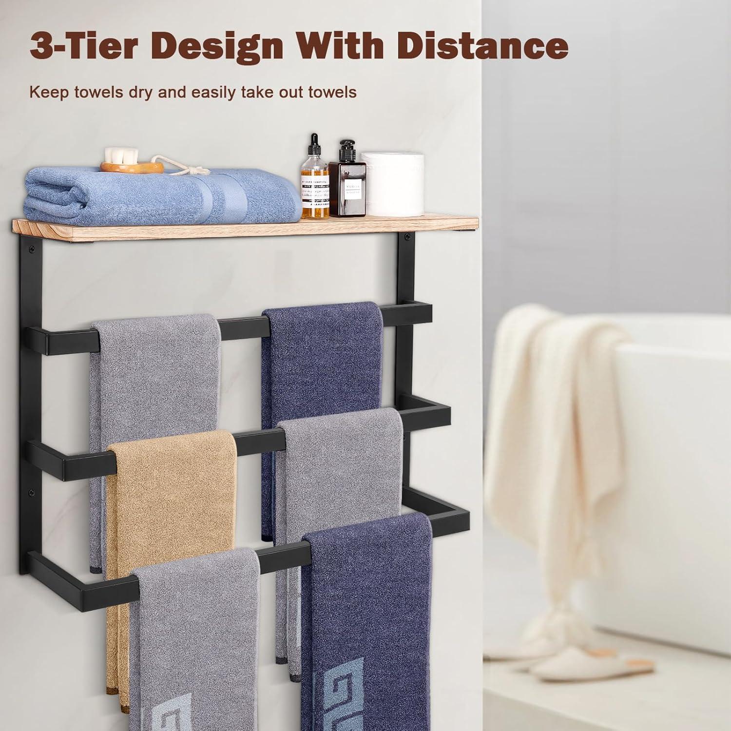 Matte Black Wall Mounted 3-Tier Towel Rack with Wood Shelf