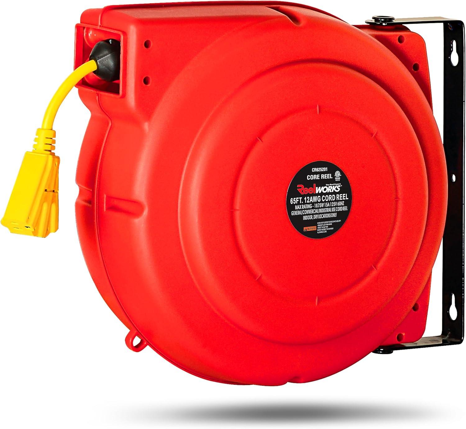 ReelWorks 65' Retractable Extension Cord Reel with Triple Tap