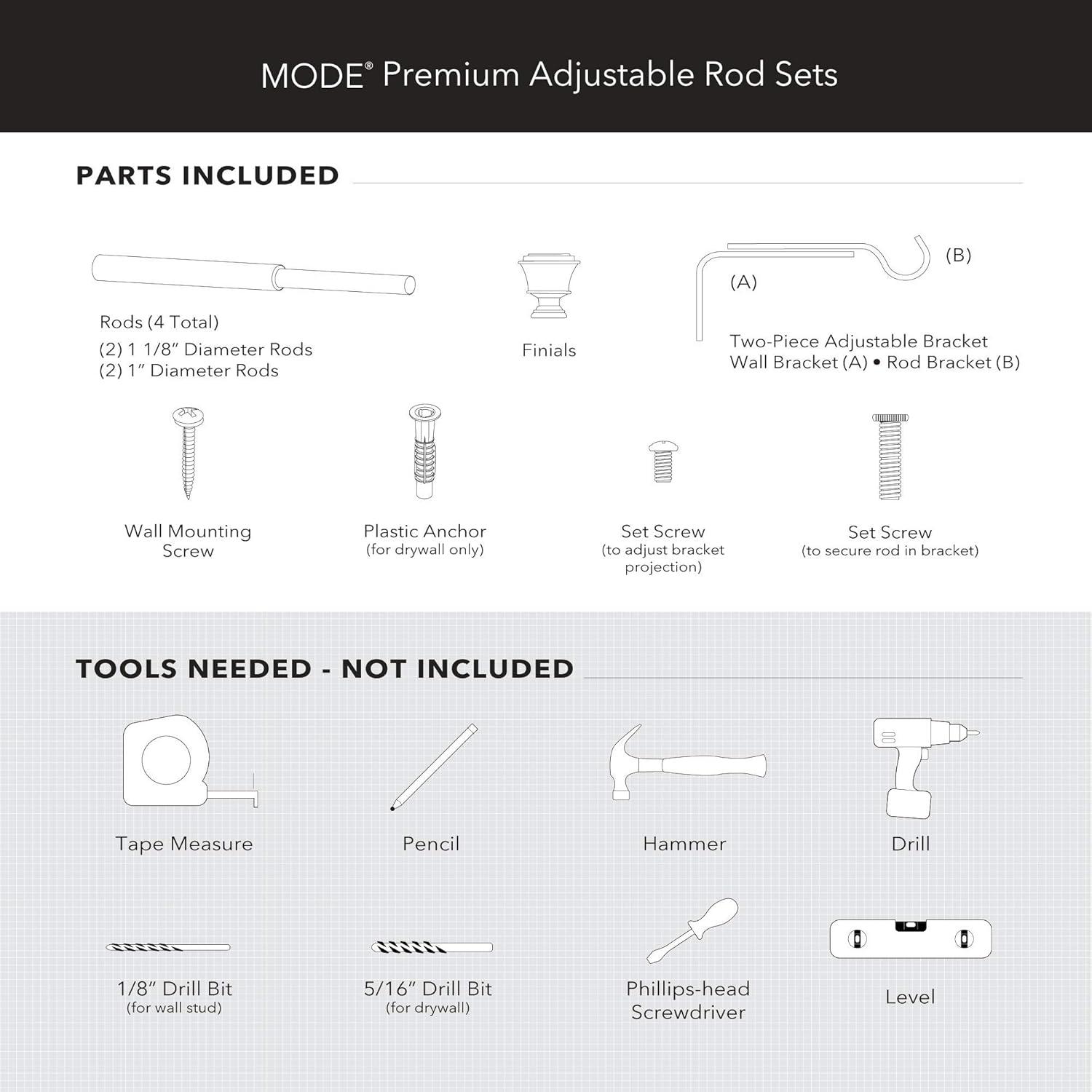 MODE Mode Premium Collection 1 1/8 in Diameter Curtain Rod, Cylinder Finials and Steel Wall Mounted Adjustable Rod