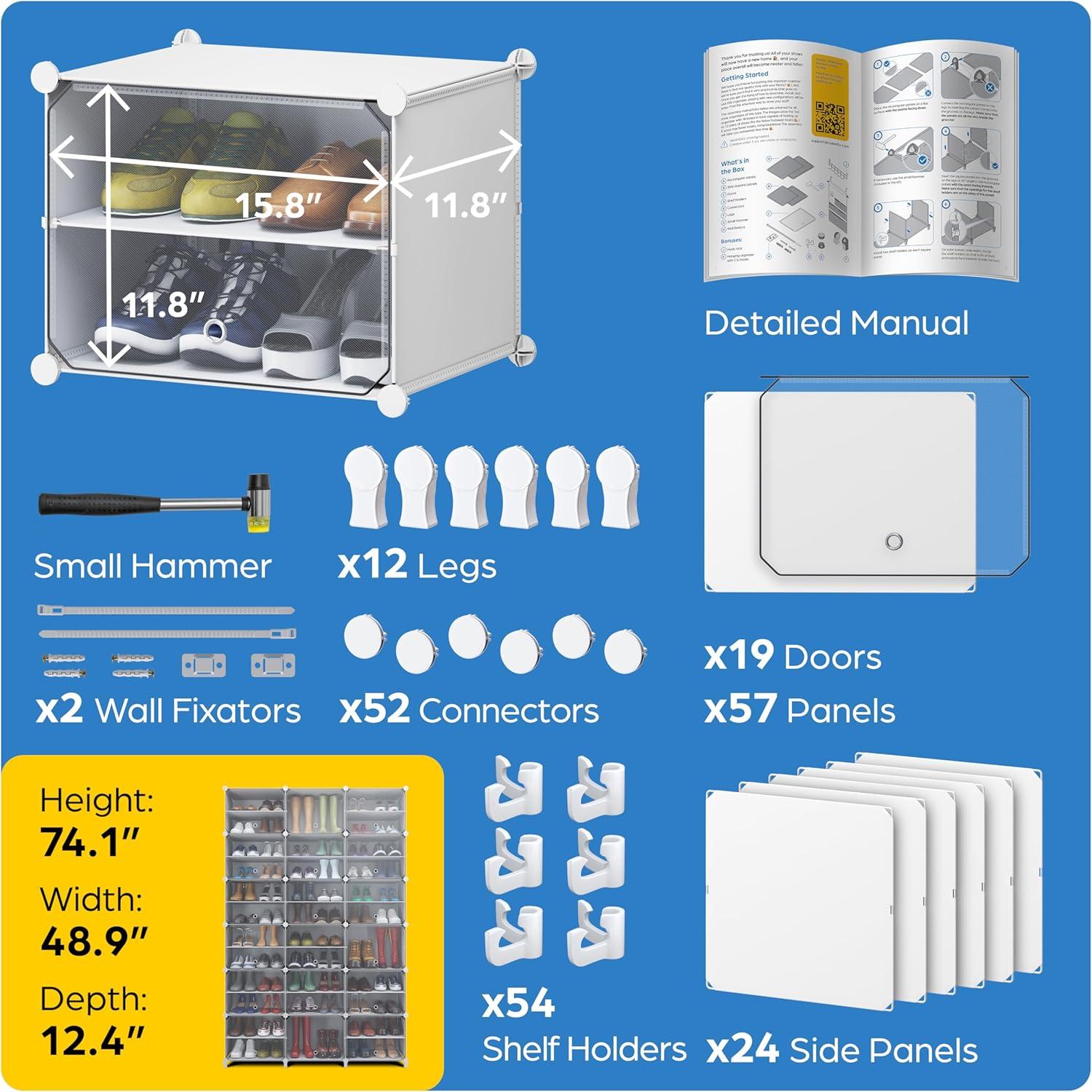 Shoe Organizer Cabinet Up to 72 Pairs, Shoe Closet-Covered Shoe Rack with See-Through Door (Clear, Plastic, Stackable) Cubby Portable Shoe Organizer with Covers, Hooks & Pockets, Black