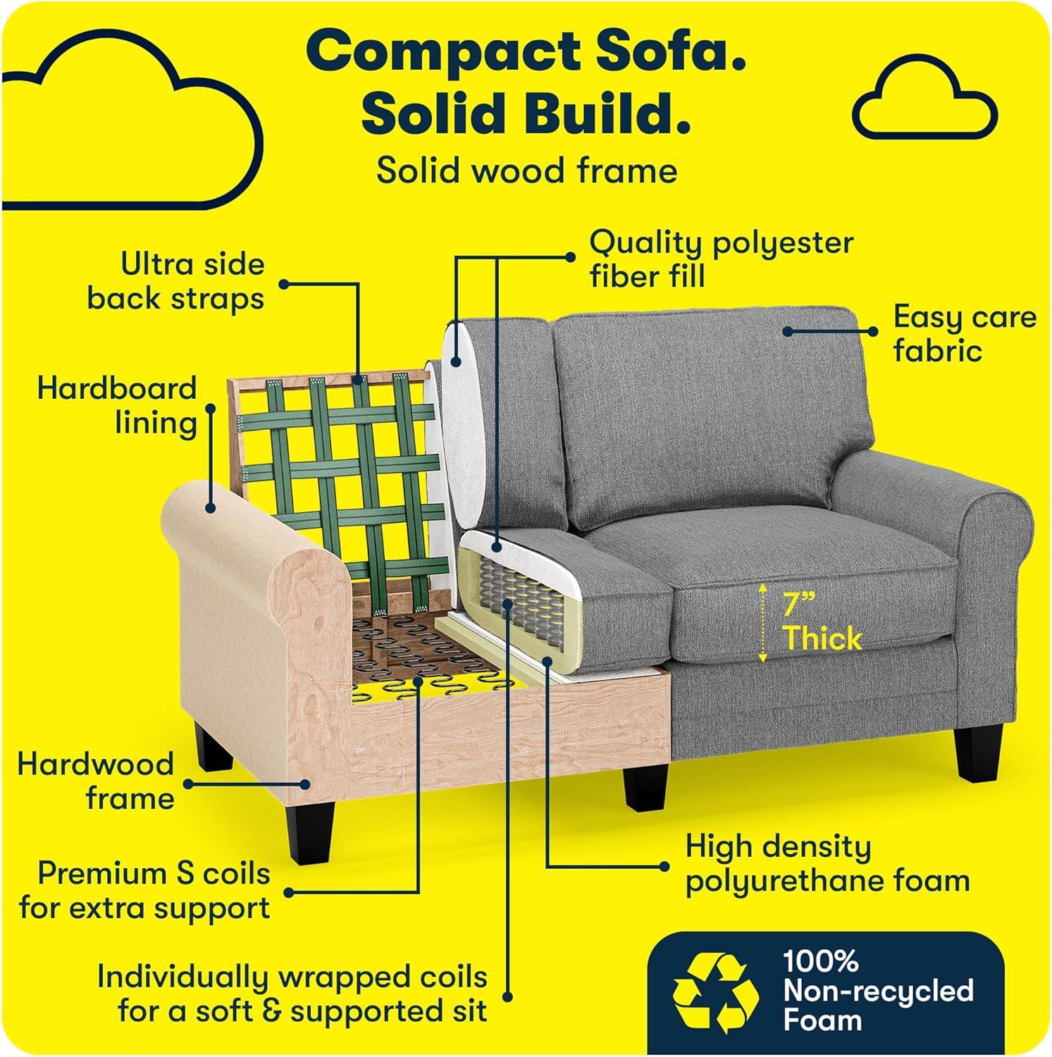 Serta Copenhagen 61" Rolled Arm Sofa, Easy Care Fabric, Soft Pillow Back, Pocket Coil Seat Cushions
