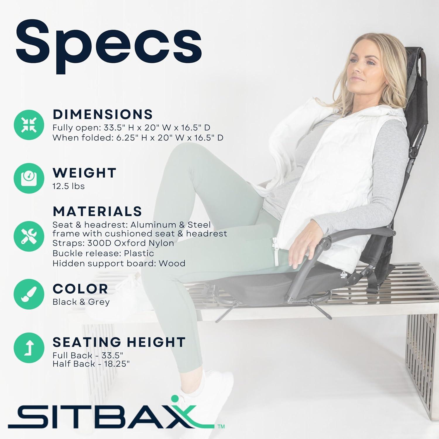 Sitbax SitBax Black Padded Bleacher Seat – The Ultimate Reclining Stadium Chair with Full Back & Neck Support and 360° Swivel – Lightweight, Foldable, and Portable with Backpack Straps - Patent Pending