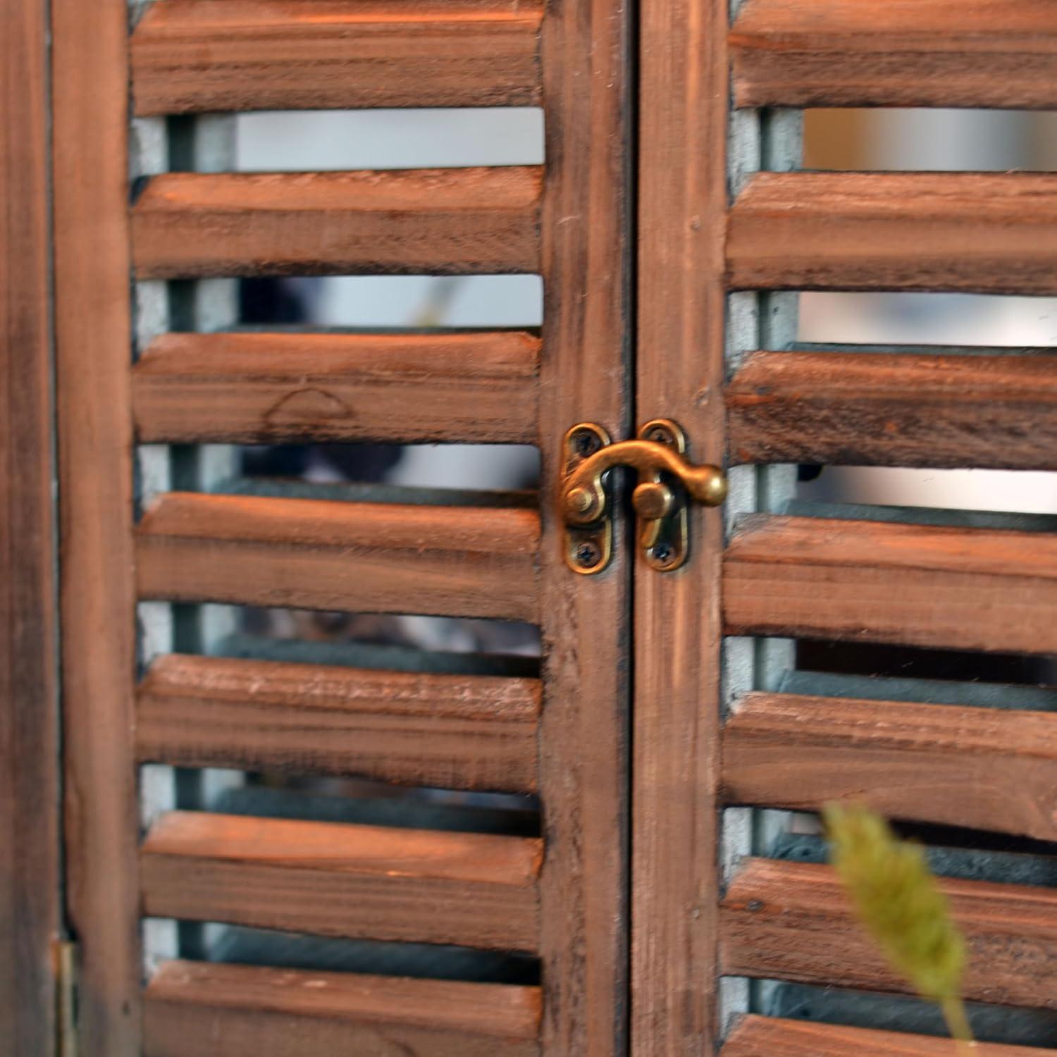 French Country Style Rustic Window Mirror with Shutters, Sustainable Wood, Approx. 18 Inches High, Distressed Gray Wash with Vintage Style Metal Decoration