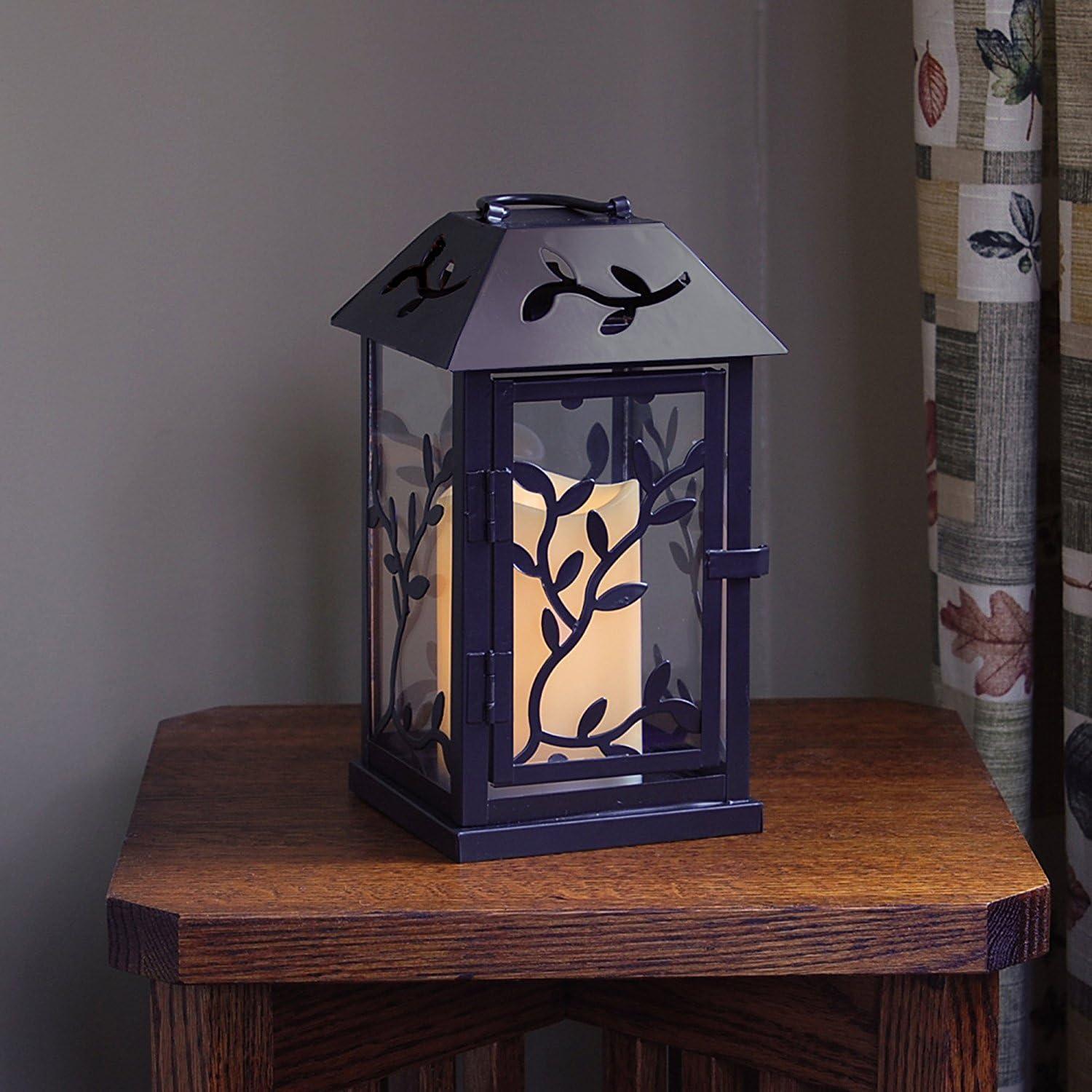 Bronze Floral Print LED Lantern with Flameless Candle