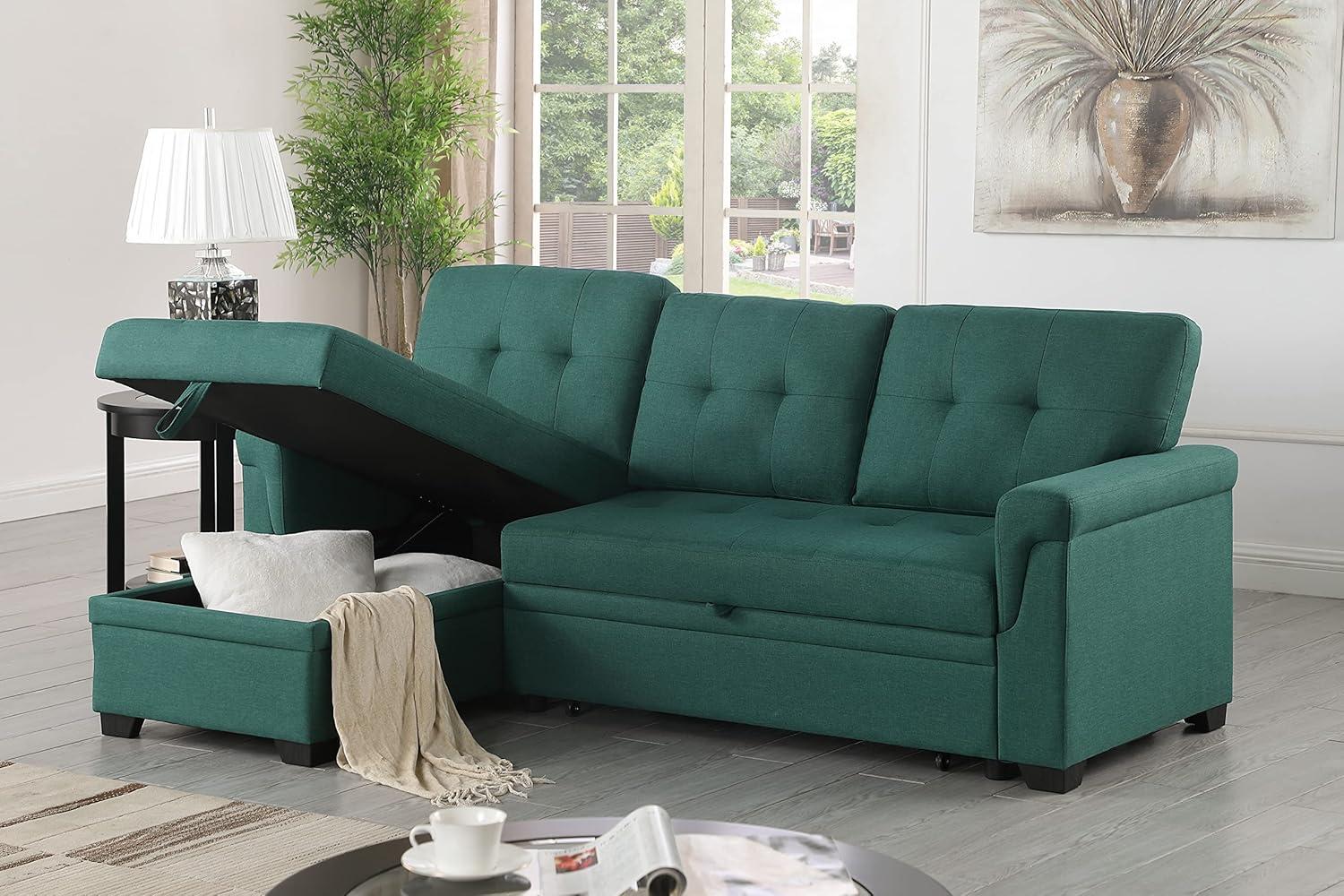 Lucca Green Linen Tufted Two Piece Sectional Sofa with Storage