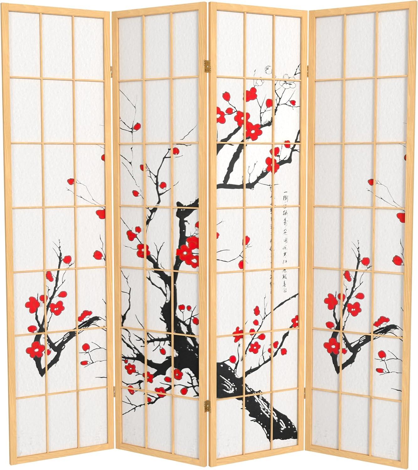 Oriental Furniture 6 Ft Tall Flower Blossom Room Divider, natural color, 4 panel