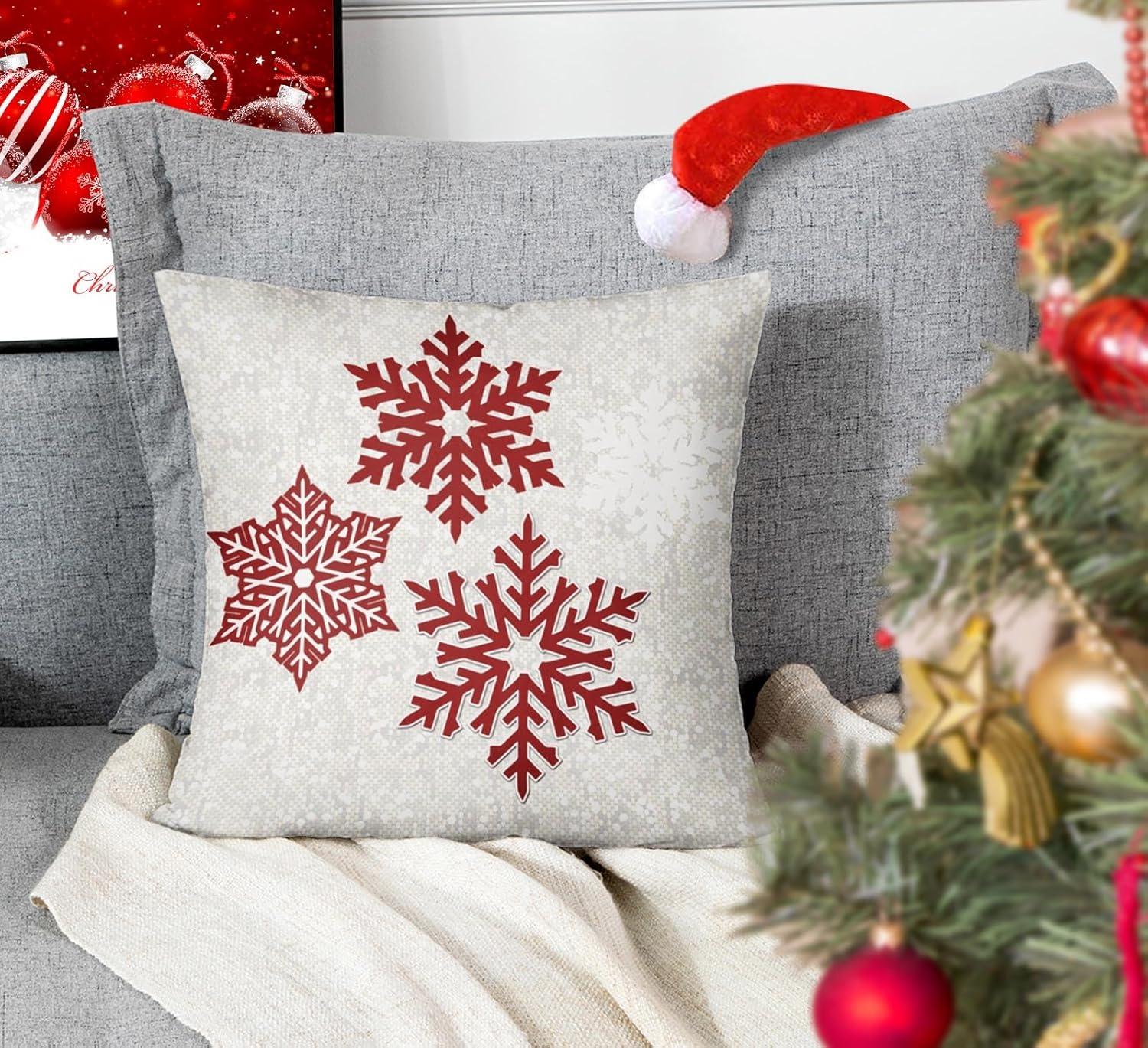 ARTJIA Christmas Sparkling Red Snowflakes Pillowcase Throw Pillow Cover 16x16 inches