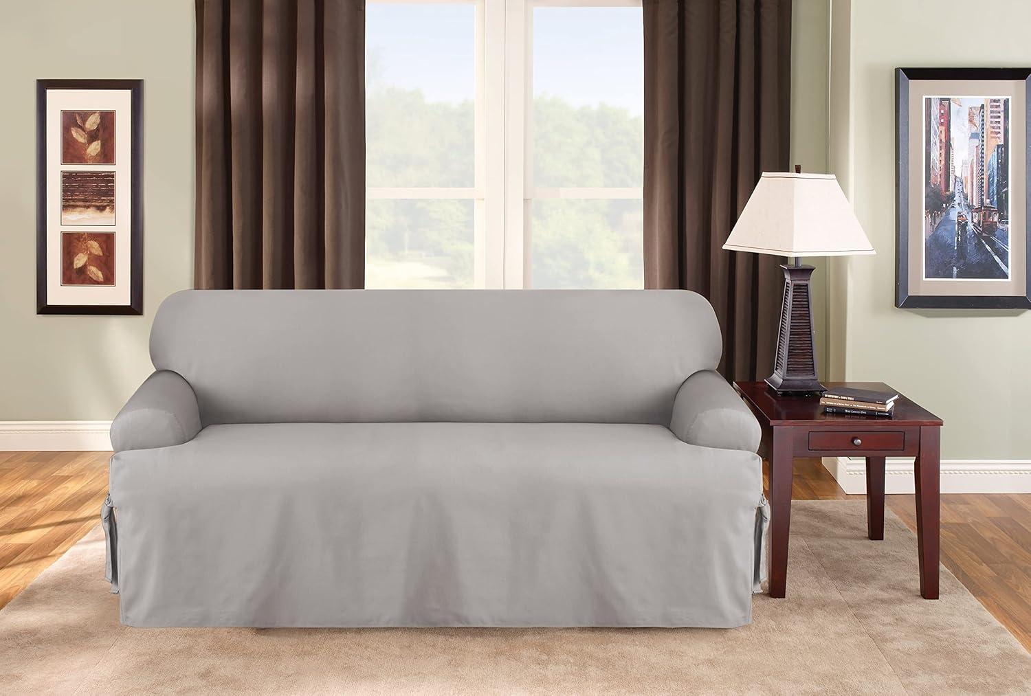 Duck T Cushion Sofa Slipcover Gray - Sure Fit: Cotton, Machine Washable, Indoor Stretch Fit