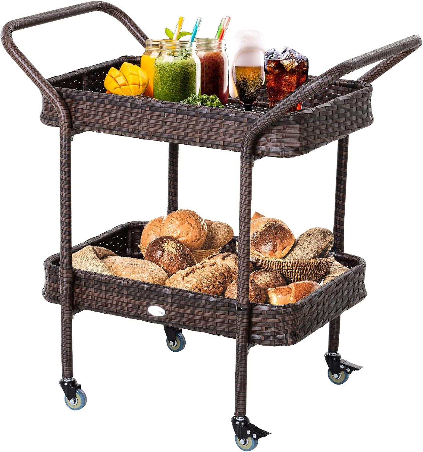Outsunny Rattan Wicker Serving Cart with 2-Tier Open Shelf, Outdoor Wheeled Bar Cart with Brakes for Poolside, Garden, Patio