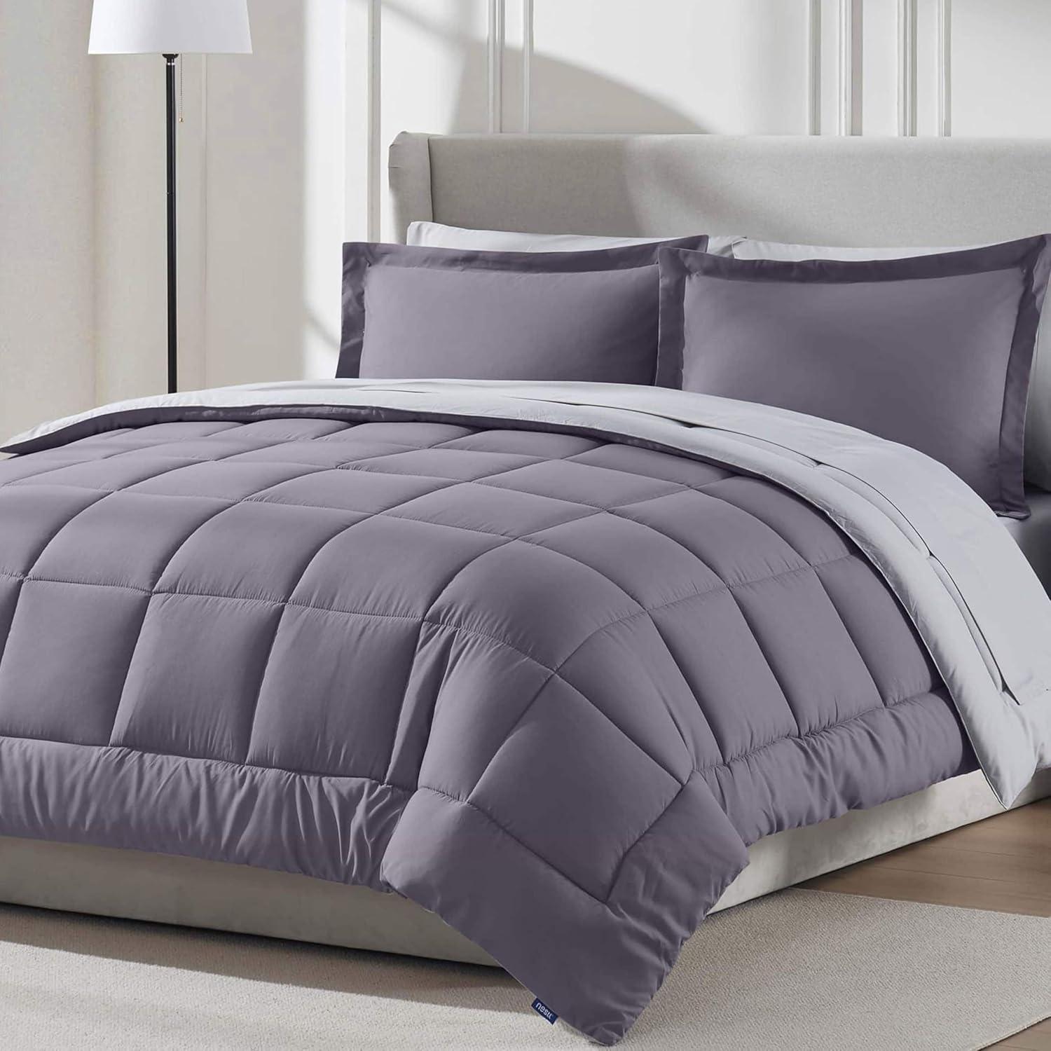 Nestl Bed in a Bag Reversible, 7 Piece Queen Size Bedding Set - Grayish Purple/Light Grey