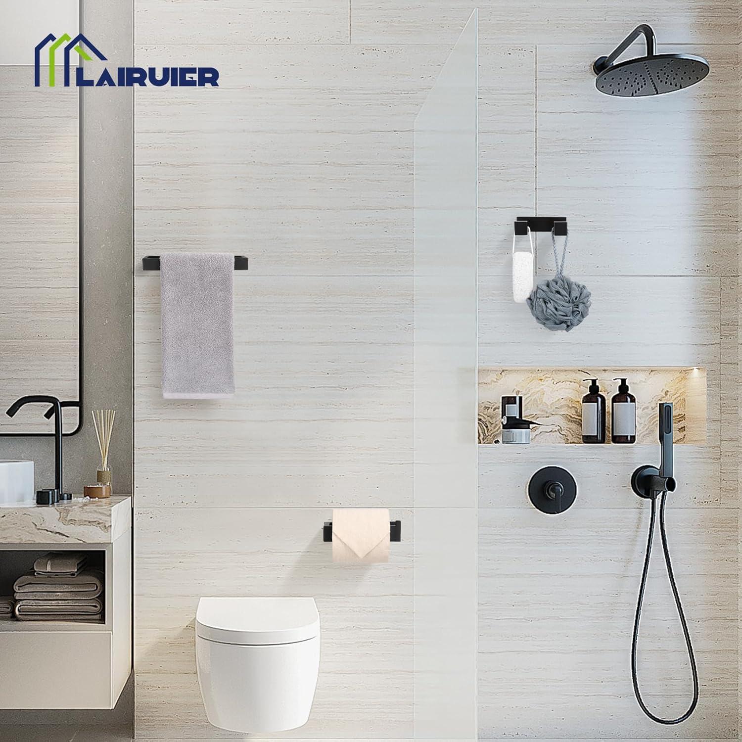 3 Pieces Matte Black Bathroom Hardware Accessories Set,SUS304 Stainless Steel Towel Holder Set Towel Holder Robe Hook Toilet Paper Holder Wall Mounted