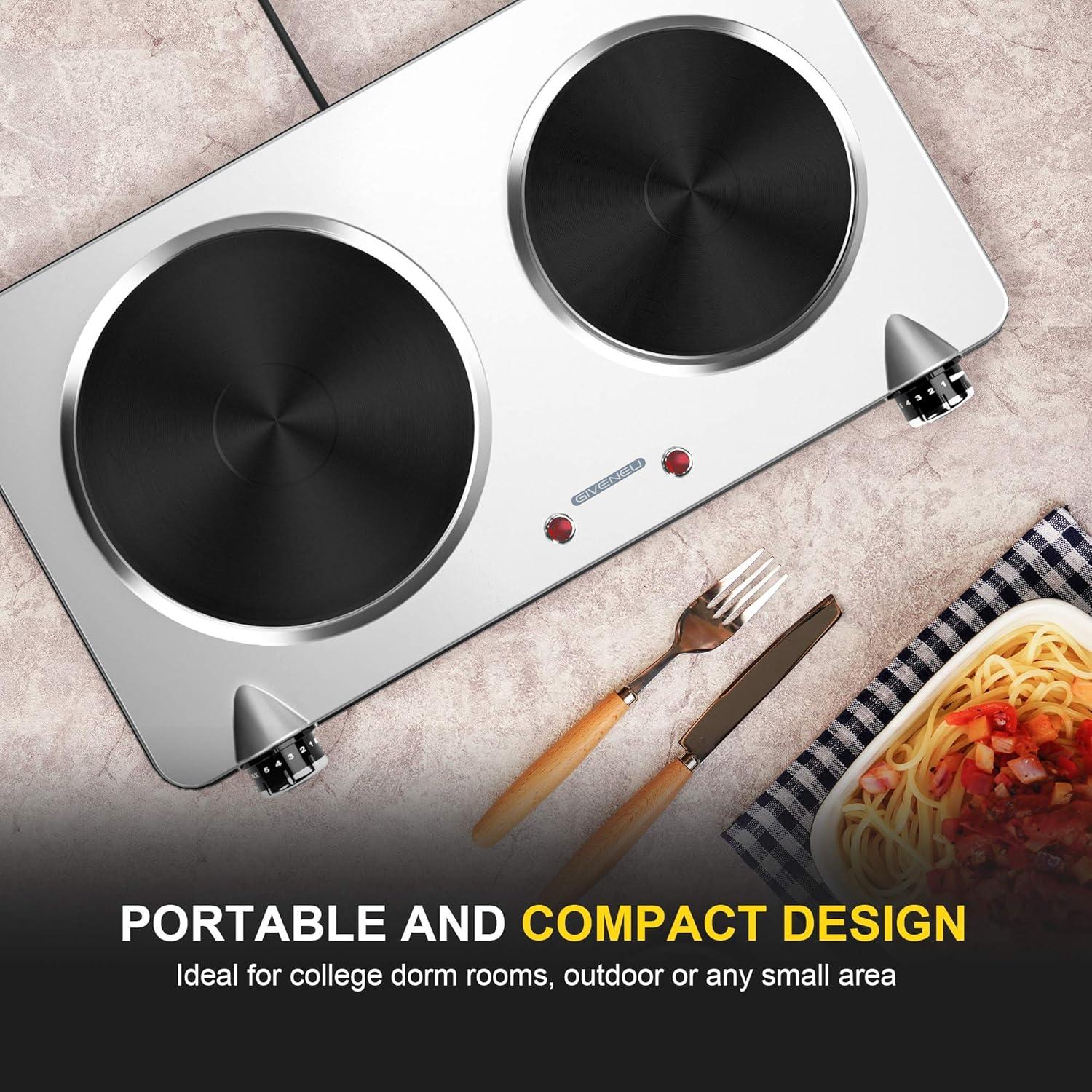 Electric Double Burner Hot Plate for Cooking, 1800W Portable Electric Stove, 6 Speed Adjustable Thermostats, Stainless Steel Hot Plate for Kitchen, Dorm and Camping