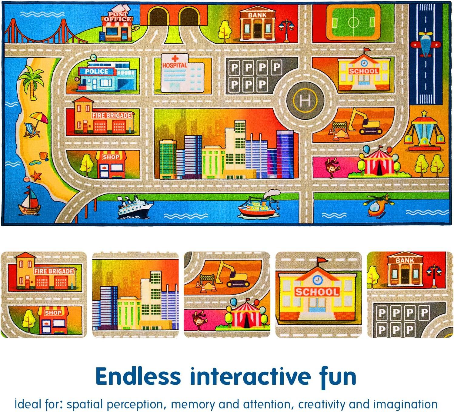 Booooom Jackson Kids Car Rug Play Mat 60x32 inches,Car Mat,Non Slip Kids Rug for Bedroom Boys Playroom,Play Carpet for Trucks,Fun Area Rug,Around City Town Carpet