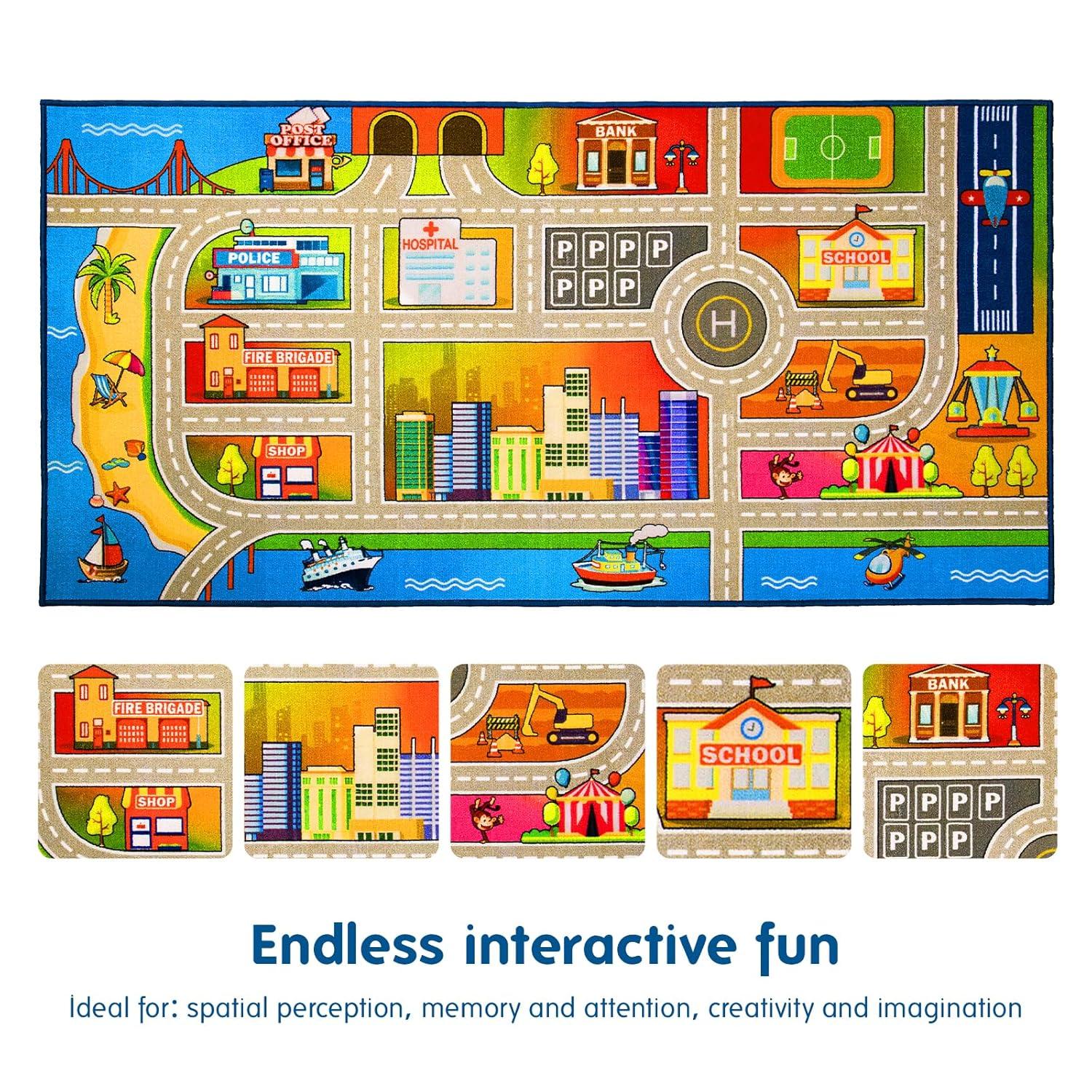 Booooom Jackson Kids Car Rug Play Mat 60x32 inches,Car Mat,Non Slip Kids Rug for Bedroom Boys Playroom,Play Carpet for Trucks,Fun Area Rug,Around City Town Carpet