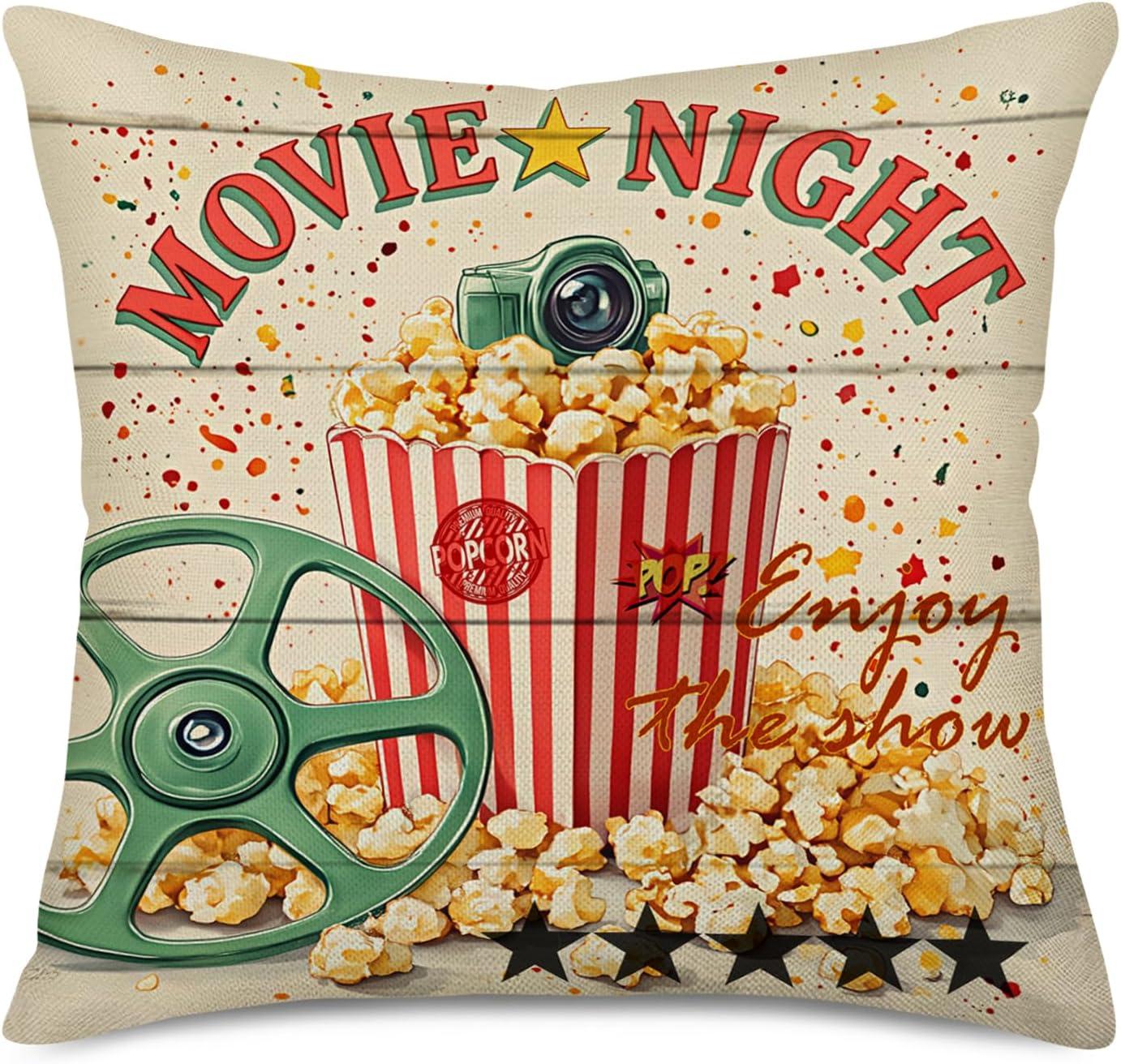 Smilyard Movie Theater Cinema Throw Pillow Covers Vintage Cinema Ticket with Popcorn Throw Pillow Case 18x18 Inch Cotton Linen Personalized Home Decor Cushion Cover for Sofa Set of 4 (Cinema Set)