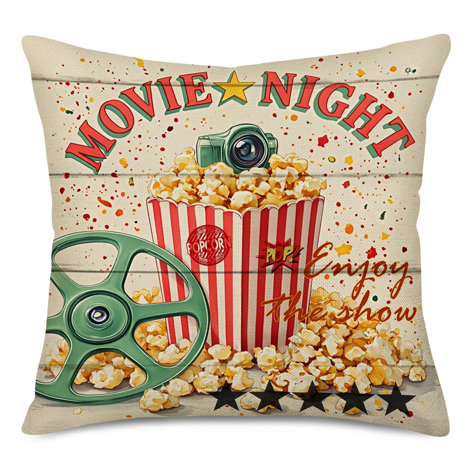 Smilyard Movie Theater Cinema Throw Pillow Covers Vintage Cinema Ticket with Popcorn Throw Pillow Case 18x18 Inch Cotton Linen Personalized Home Decor Cushion Cover for Sofa Set of 4 (Cinema Set)