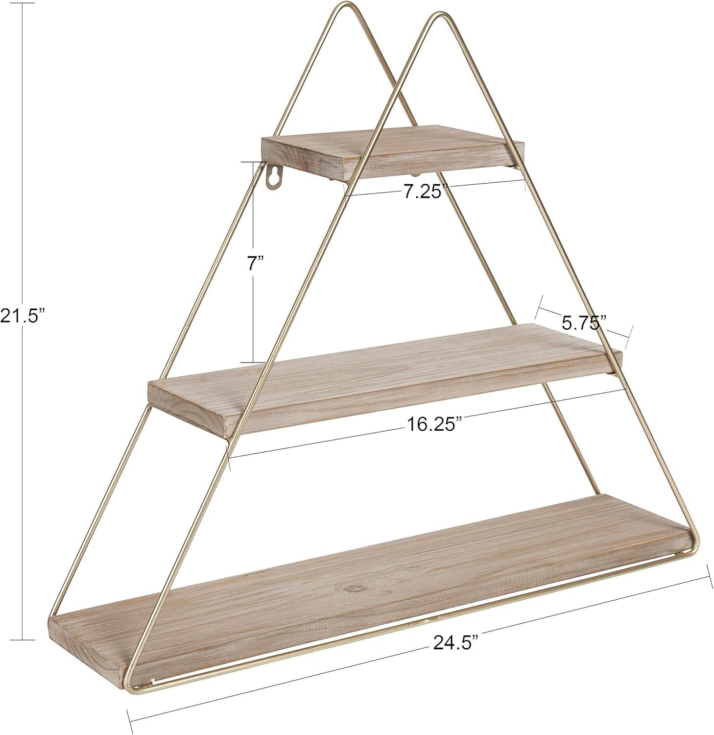 Kate & Laurel All Things Decor 20.8" x 24.2" Tilde Three-Tier Triangle Wood and Metal Wall Shelf Natural/Gold