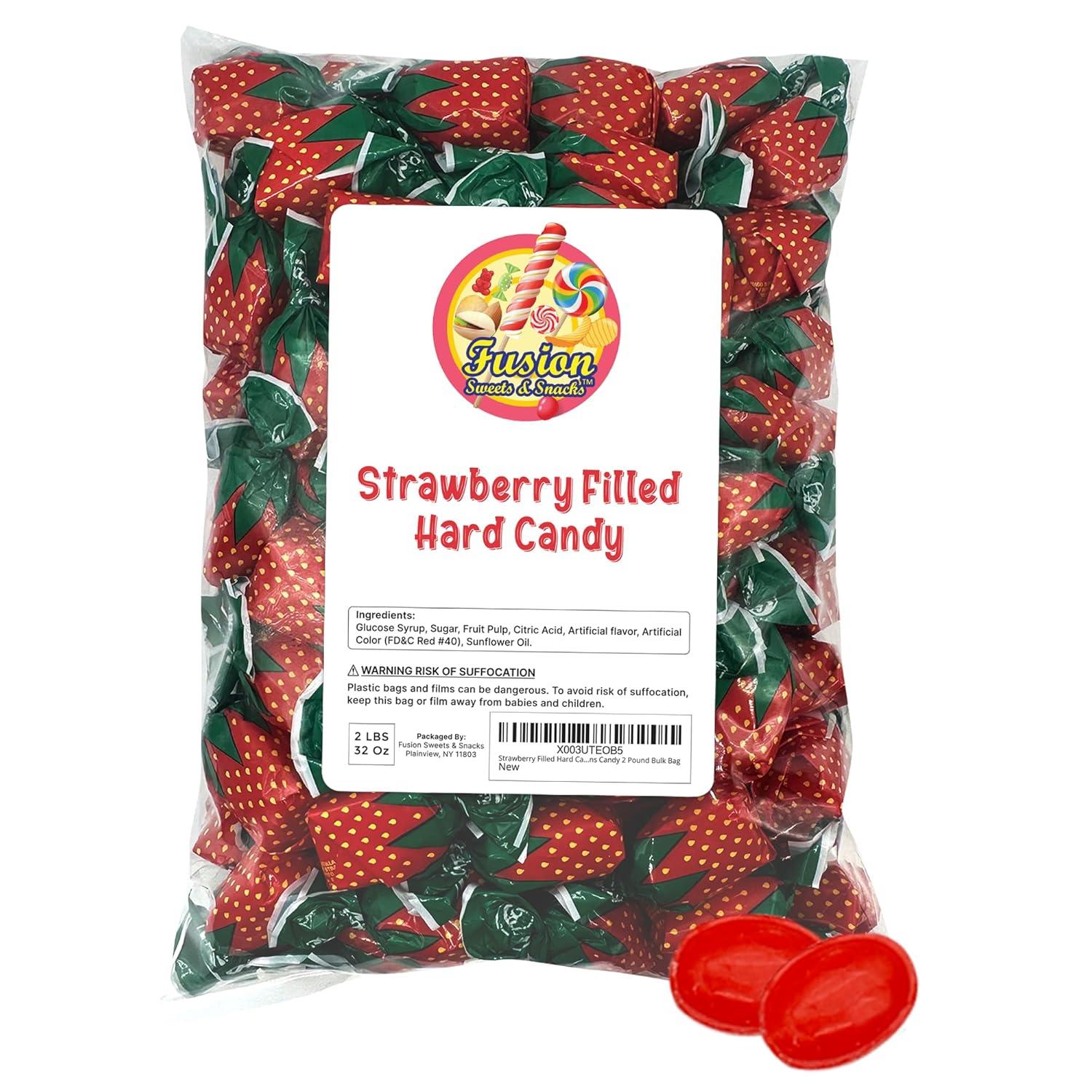 Strawberry Filled Hard Candy - Individually Wrapped Strawberry Bon Bons Candy 2 Pound Bulk Bag - Holiday Candy