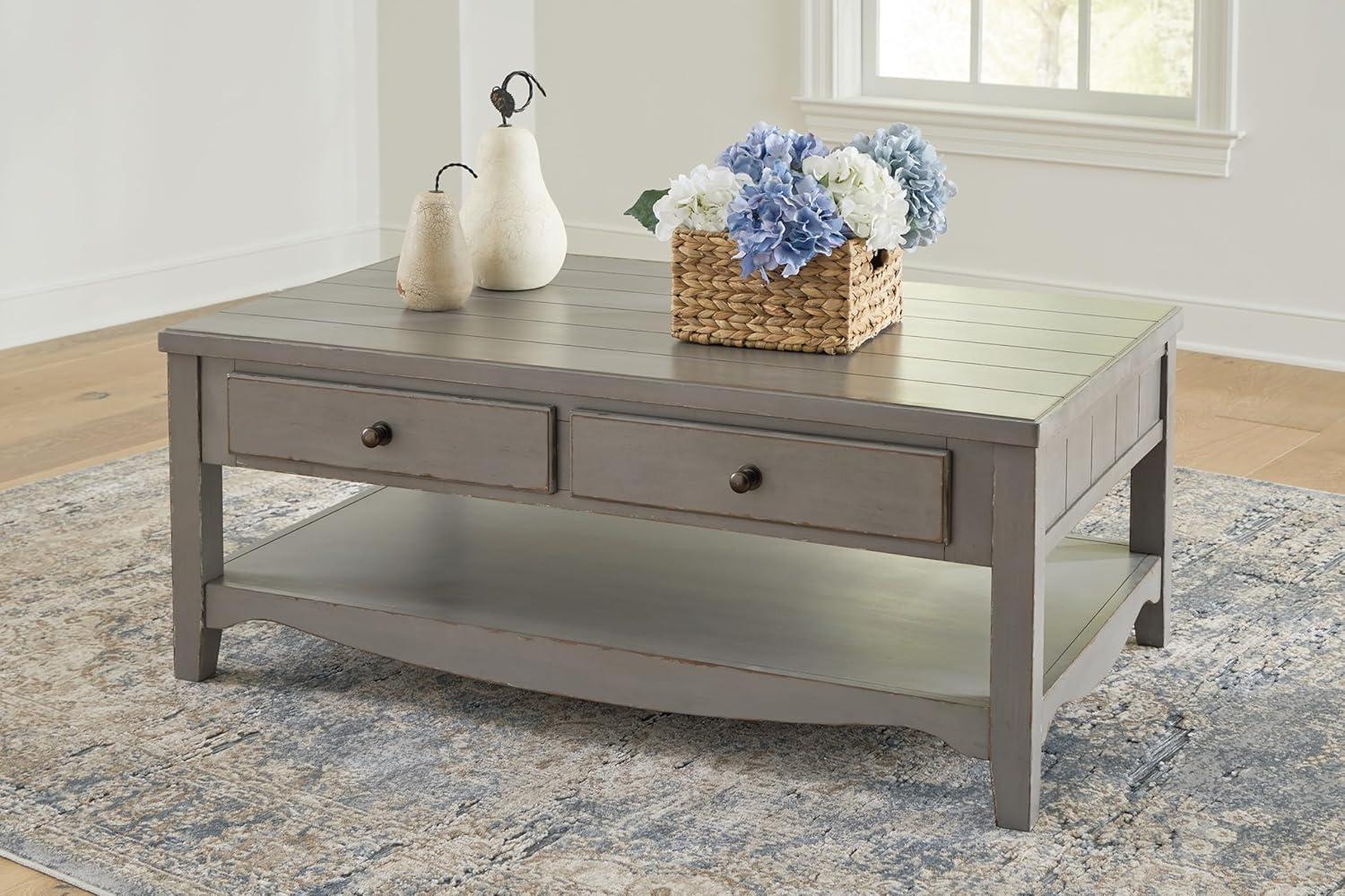 Classic European Farmhouse 50" Gray Wood Coffee Table with Storage