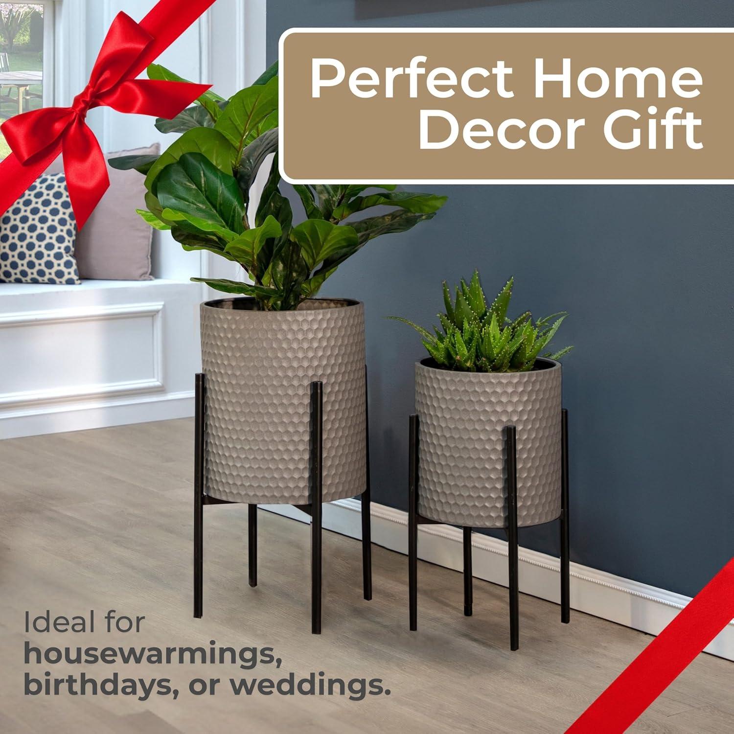 Sagebrook Home Set Of 2 Honeycomb Planter On Metal Stand, Gray/Black, Round, Iron, Contemporary, 23"H, Hexagon